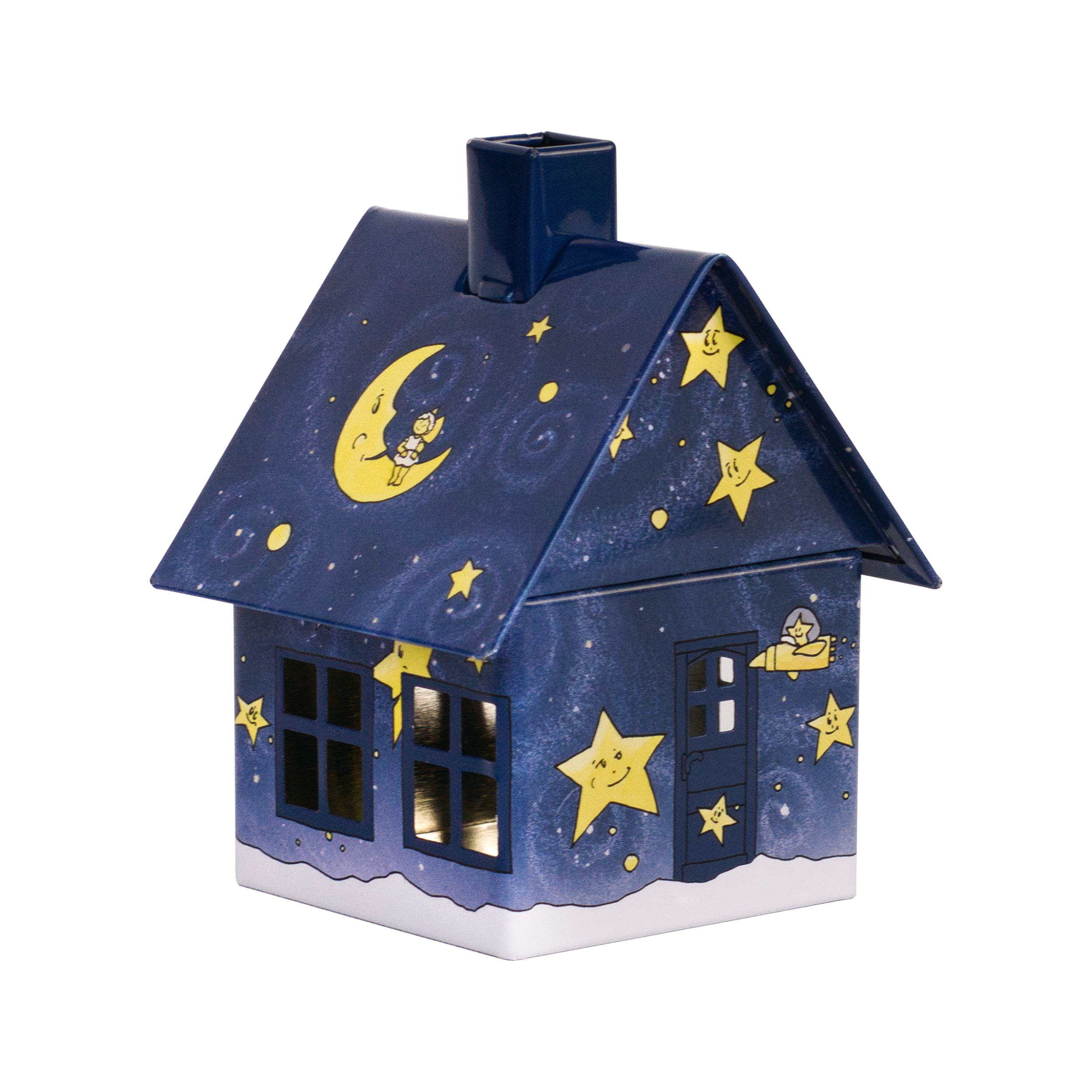 Das Räucherhäuschen „Gute Nacht“ von Original Crottendorfer Räucherkerzen ist ein skurriles Blechhaus mit Sternenmotiv, dunkelblauem Dach und Wänden. Es zeigt eine Mondsichel mit Kind, Comic-Sterne, einen Vogel auf dem Sims und warm leuchtende quadratische Fenster.