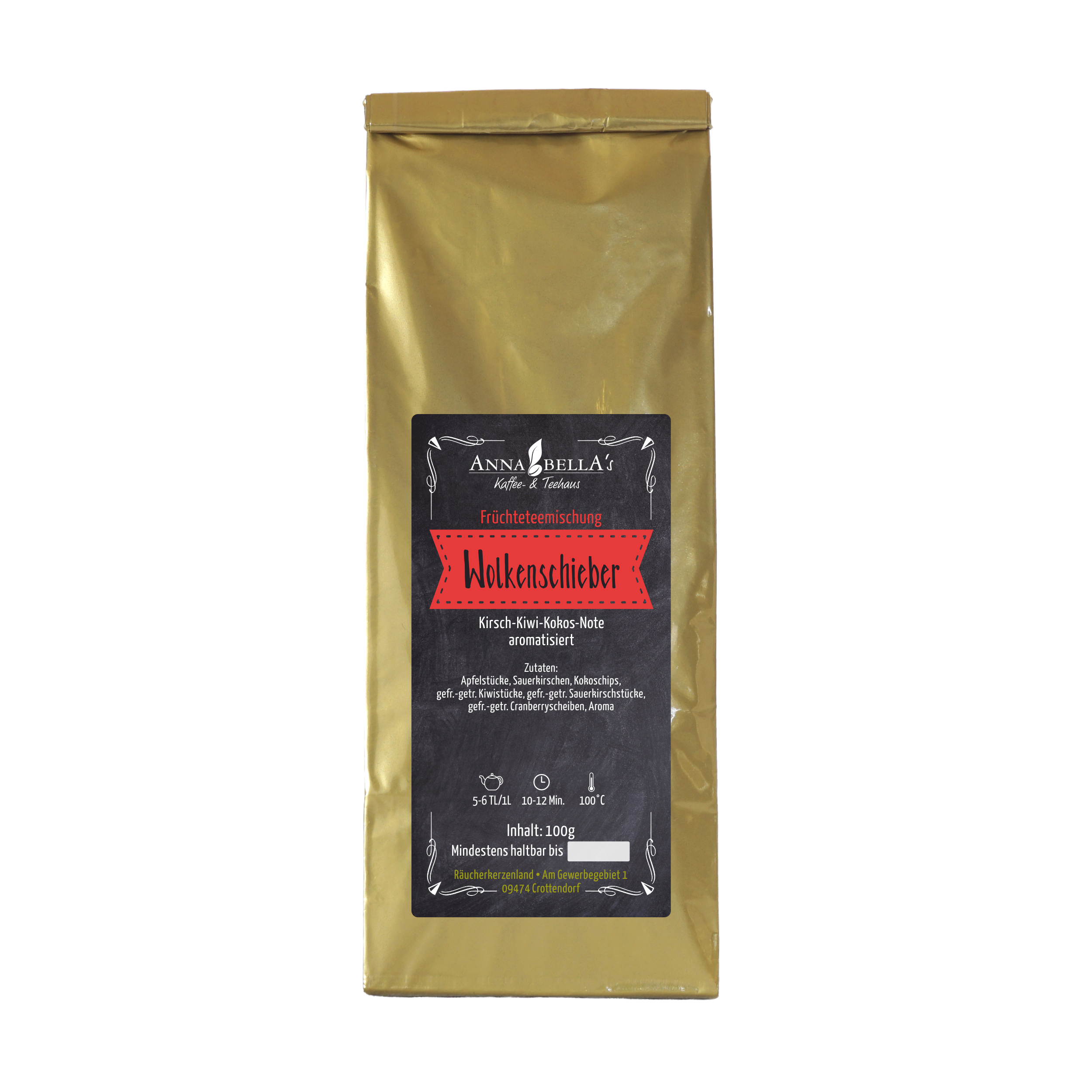 Eine 100 g Goldpackung der Früchteteemischung Wolkenschieber von Original Crottendorfer trägt ein schwarz-rotes Etikett, das Kirsch-Kiwi-Kokos-Noten, Kirschen, Preiselbeeren und knusprige Kokoschips hervorhebt. Es wird empfohlen, sie an einem kühlen, trockenen Ort aufzubewahren.