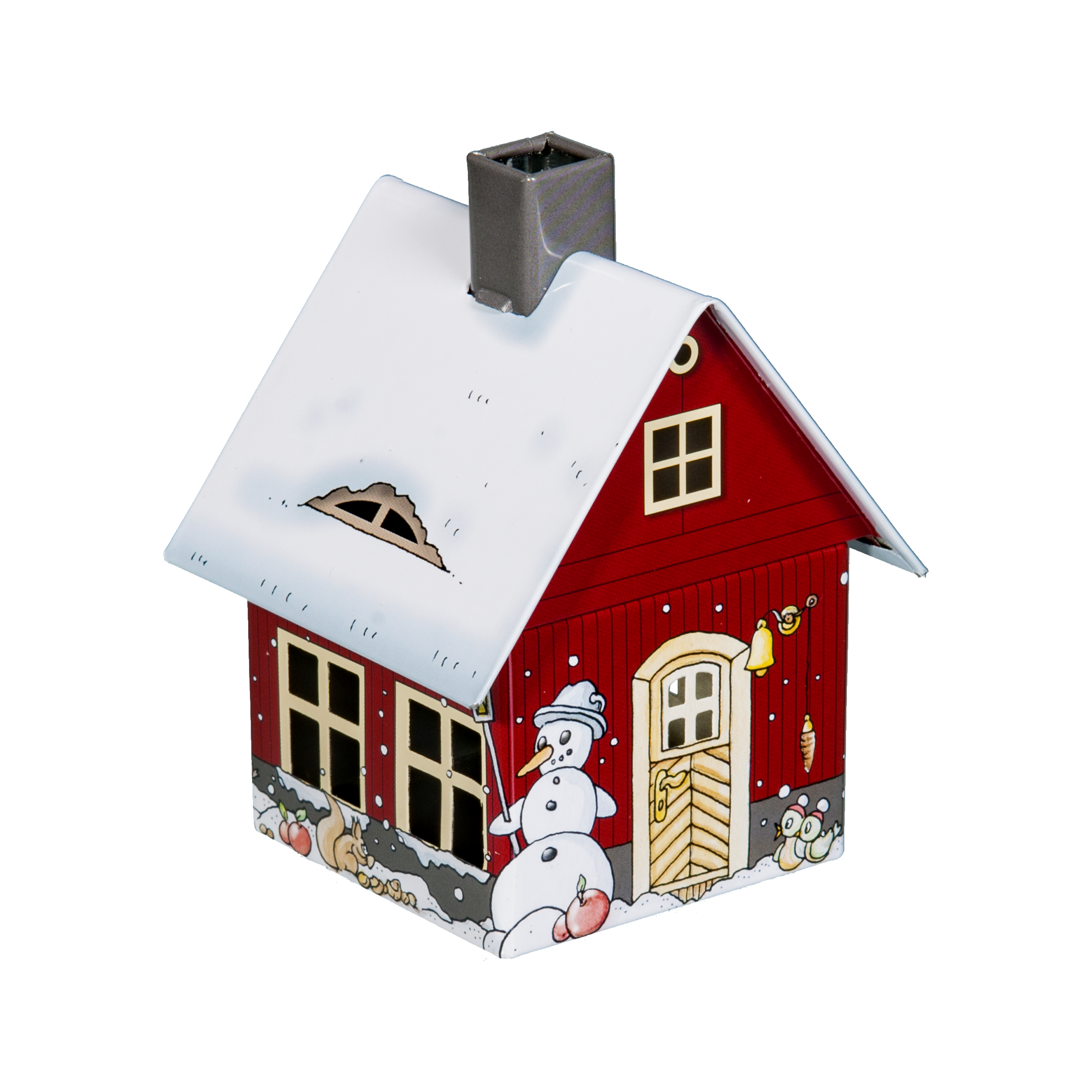 Das Räucherhäuschen Wintermotiv von Original Crottendorfer Räucherkerzen zeigt ein kleines rotes Haus im Cartoon-Stil mit schneebedecktem Dach, Metallakzenten, Schornstein und festlichen Details. Ein bezaubernder Räucherkerzenhalter sitzt neben einem Schneemann, inmitten von Winterdekorationen wie einer Glocke, einem Kranz und schneebedeckten Fenstern.
