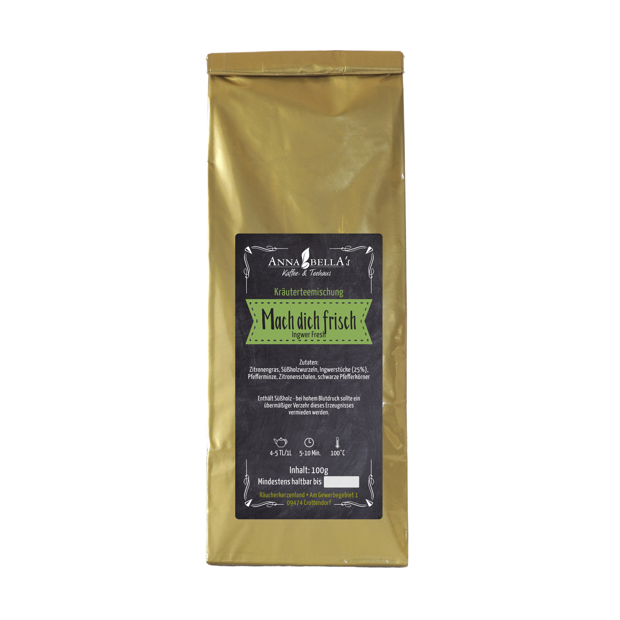 Goldfolienpackung mit Kräutertee und schwarzem Etikett mit der Aufschrift „Original Crottendorfer Kräuterteemischung Mach Dich frisch“. Mit Ingwer-Fresh und verschiedenen Kräutern für ein belebendes Erlebnis. Nettogewicht: 100 g.