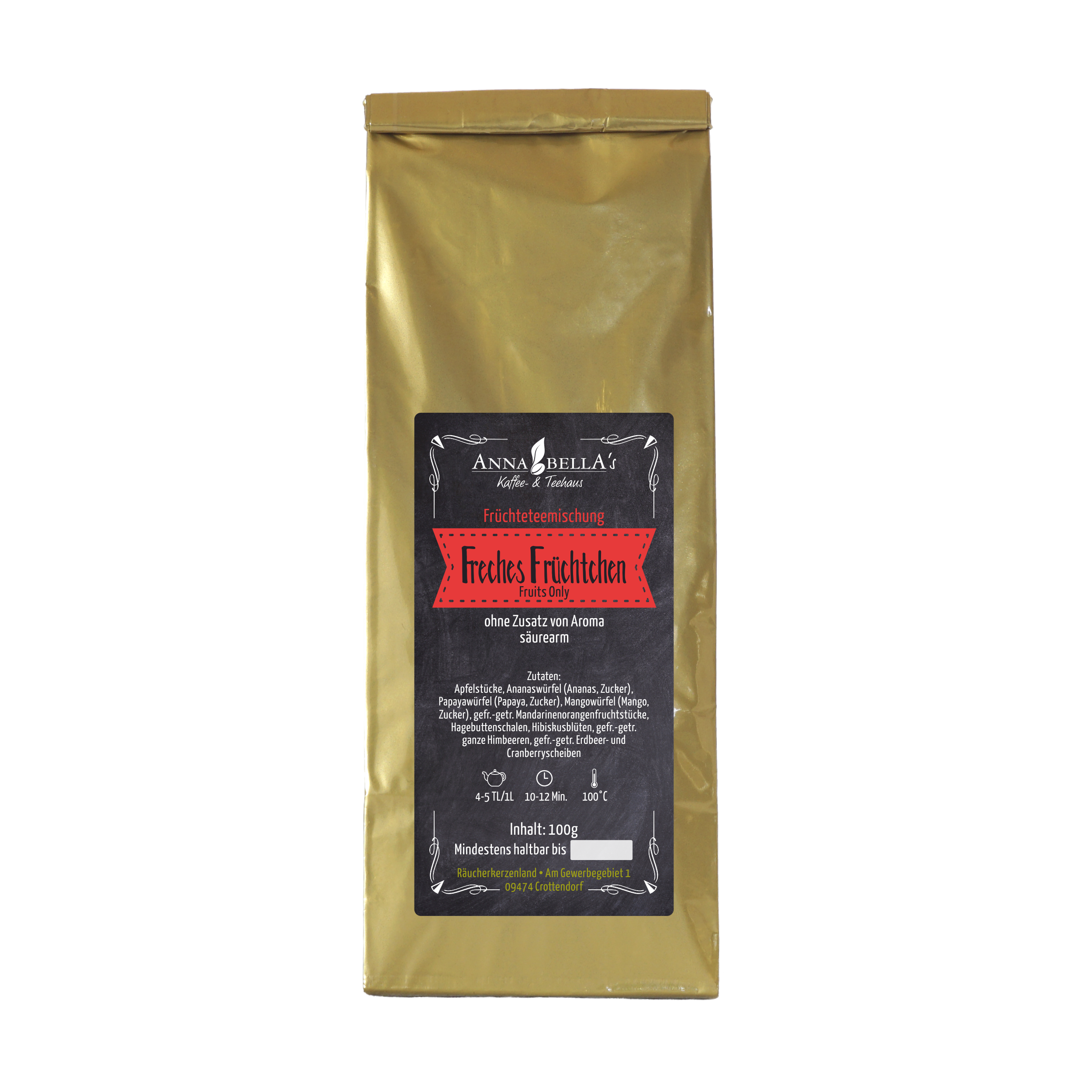Eine goldbraune Verpackung mit der Aufschrift „Original Crottendorfer Früchteteemischung Freches Früchtchen“ enthält ein rotes Banner und schwarzen Text mit Zutaten, Nährwertangaben, Zitrusfruchtauszügen und Gewichts-/Verfallsdatumsangaben auf Deutsch.
