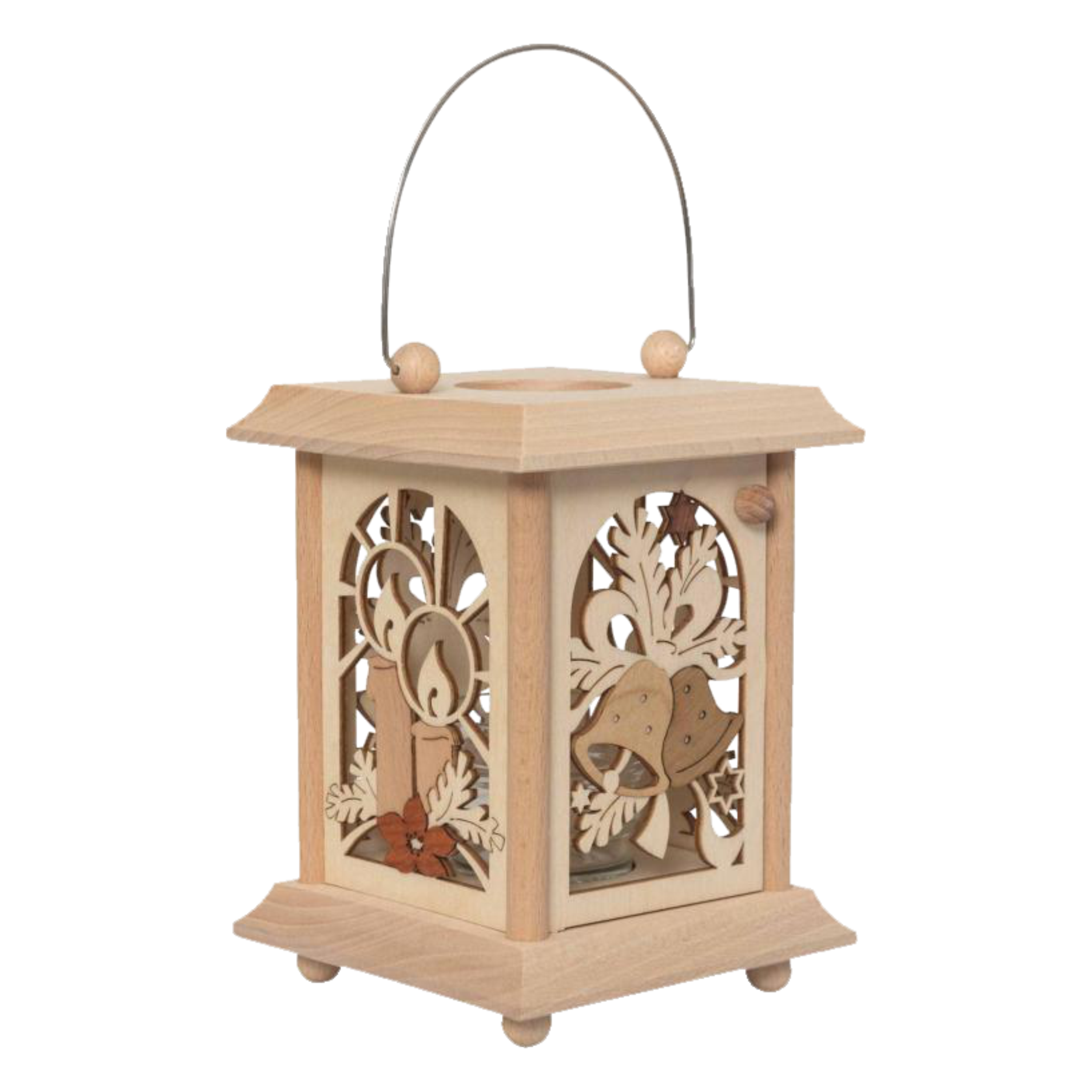 Die Tischlaterne Weihnacht der Drechslerei Kuhnert ist eine dekorative Holzlaterne aus Edelholzfurnier mit aufwendig ausgestanzten Kerzen- und Pilzmotiven und einem Metallgriff an der Oberseite zum einfachen Tragen oder Aufhängen.