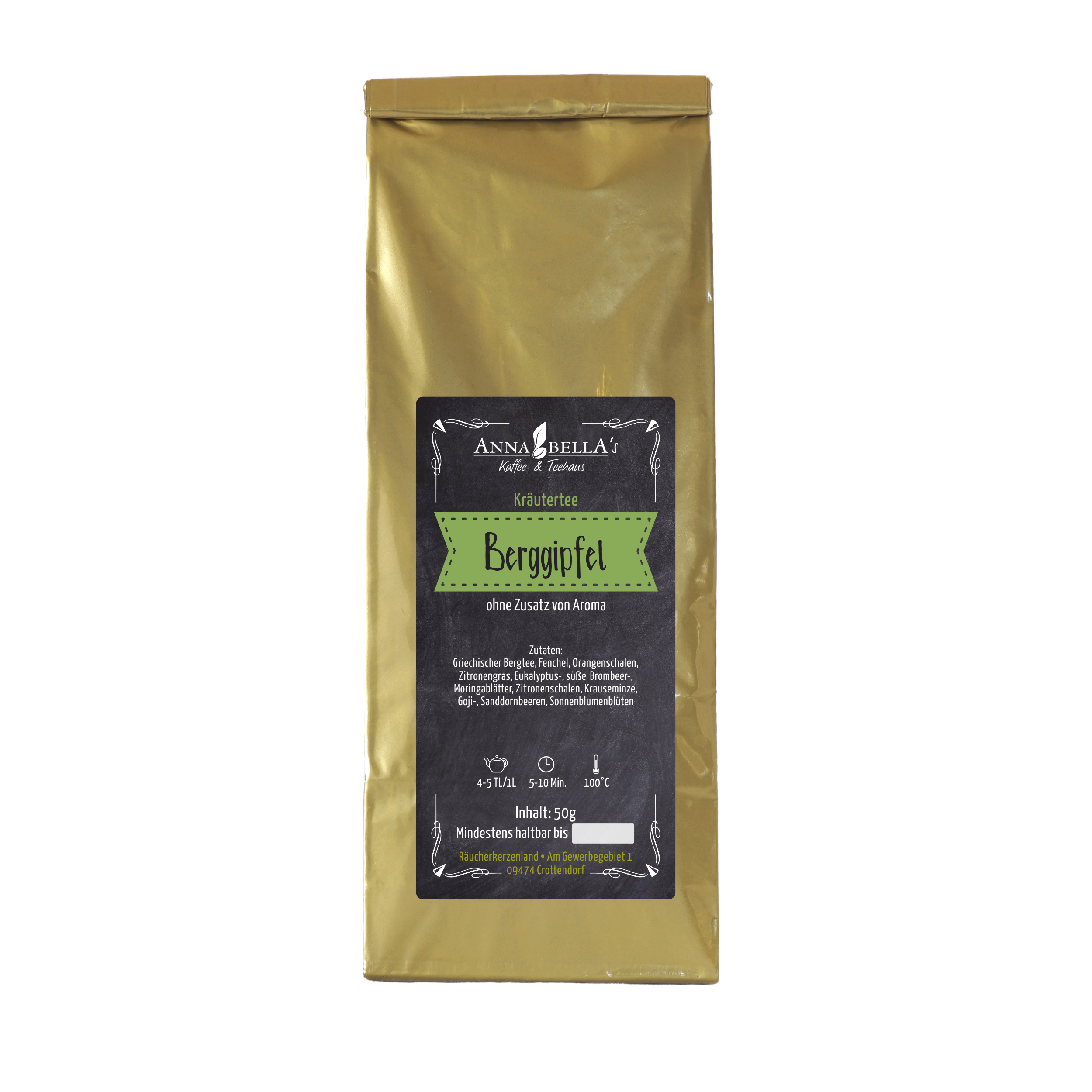 Eine Goldpackung des Kräutertees „Berggipfel“ von Original Crottendorfer im schwarz-grünen Design bietet Wellness-Erlebnisse. Sie enthält 50g und enthält eine ausführliche Brühanleitung und Nährwertangaben.