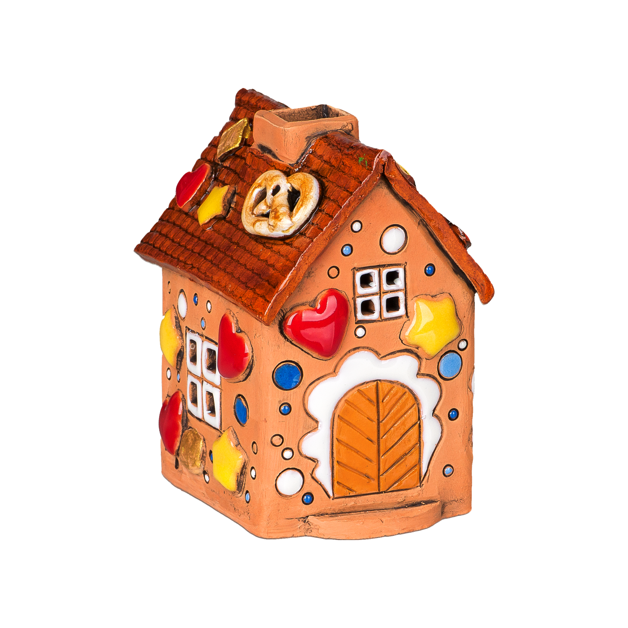 Das Original Crottendorfer Räucherhaus Keramik Lebkuchenhaus ist ein kleines dekoratives Keramikhaus mit braunem Dach, bunten Herz- und Sternformen, Brezel-Details, weiß gerahmten Fenstern und einer großen Rundbogentür. Limitierte Auflage.