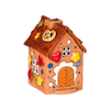 Das Original Crottendorfer Räucherhaus Keramik Lebkuchenhaus ist ein kleines dekoratives Keramikhaus mit braunem Dach, bunten Herz- und Sternformen, Brezel-Details, weiß gerahmten Fenstern und einer großen Rundbogentür. Limitierte Auflage.