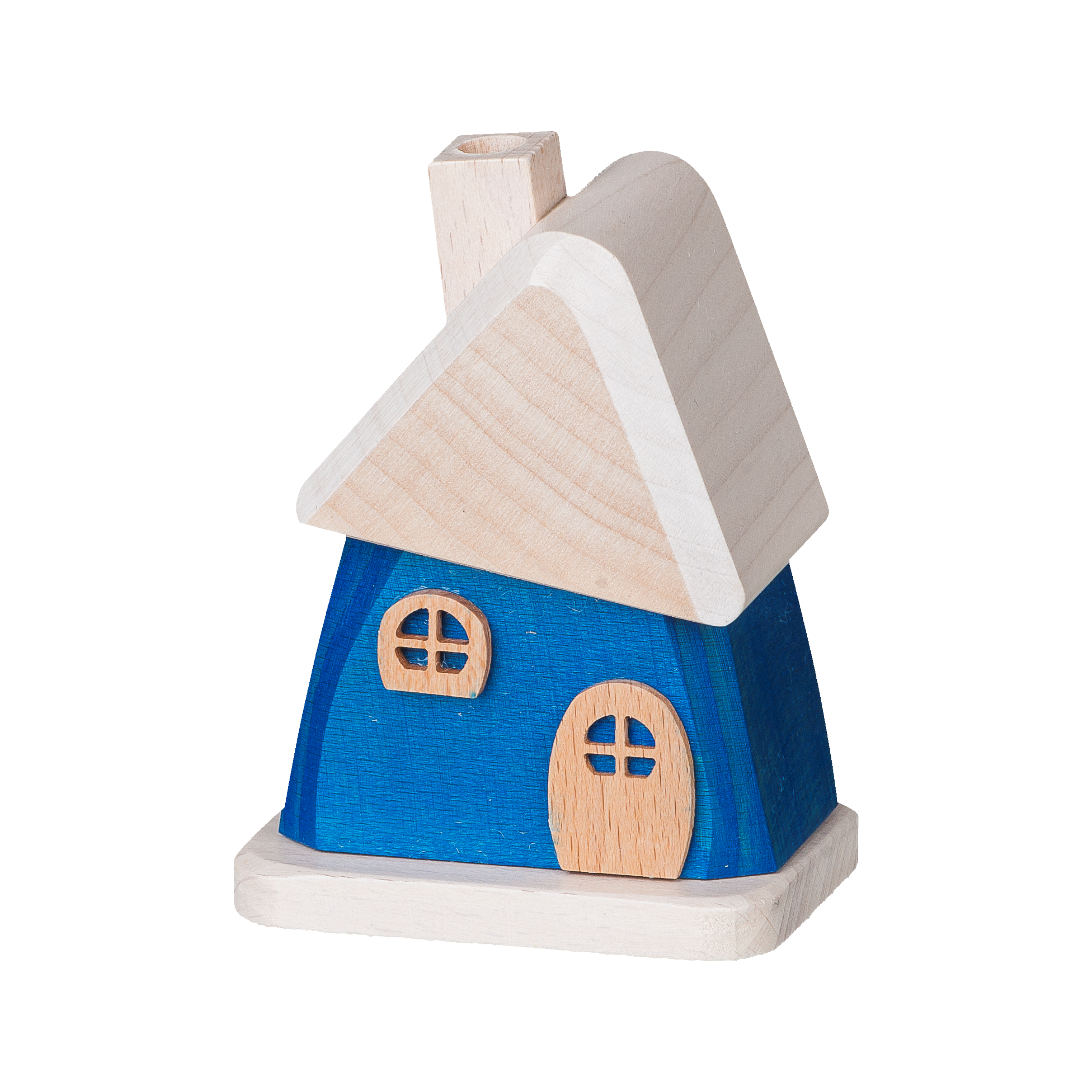 Das Räucherhäuschen aus Holz blau von Holzwaren Egermann ist ein kleines Spielzeug-Holzhaus mit blauem Sockel und Naturholzdach. Es verfügt über einen Schornstein, ein rundes Fenster und eine gewölbte Tür. Handarbeit sorgt für sein minimalistisches Design und seine glatte Oberfläche, die die Handwerkskunst des Erzgebirges widerspiegelt.