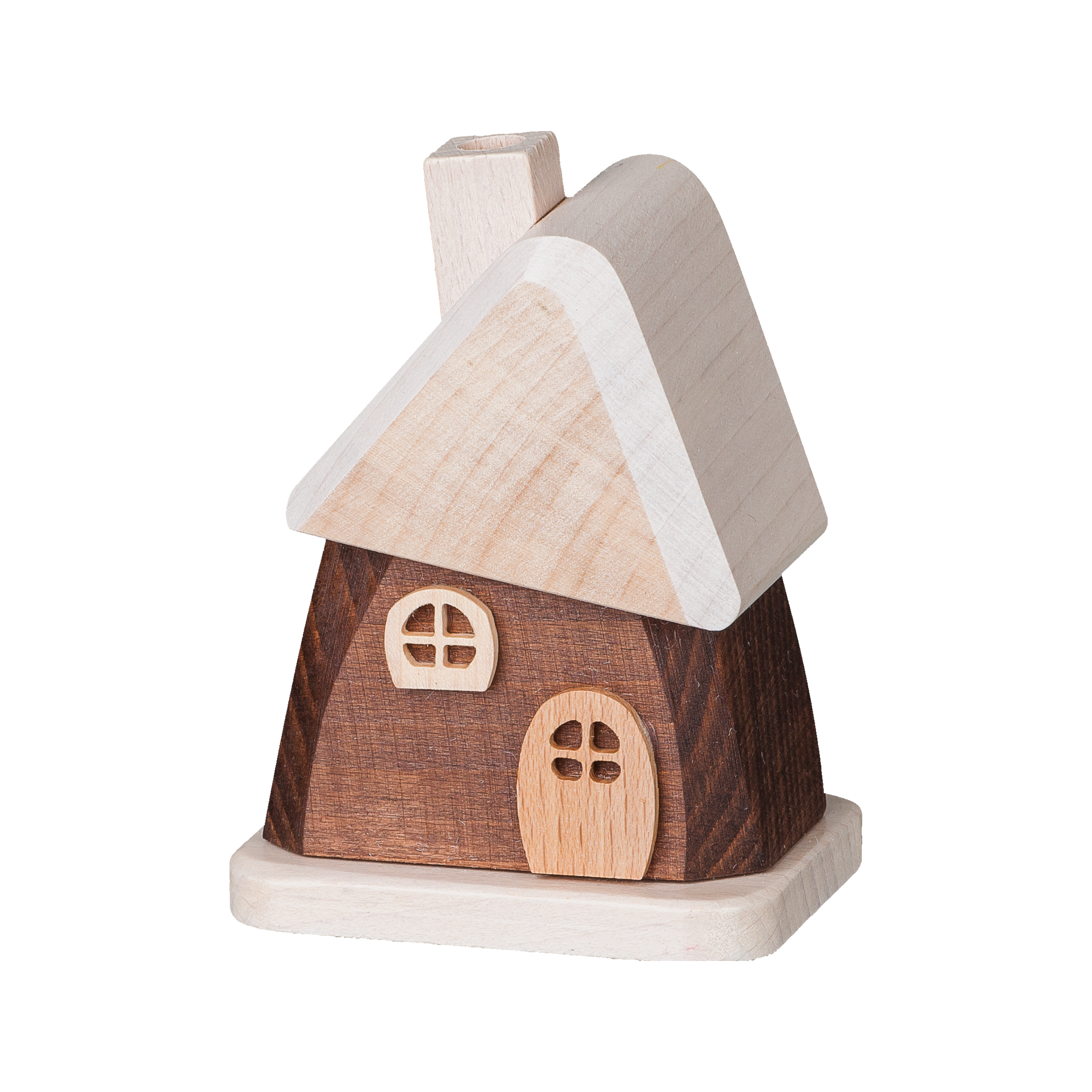 Das Räucherhäuschen aus Holz braun von Holzwaren Egermann ist eine kleine, handgefertigte Holzfigur aus dem Erzgebirge mit dunkelbraunem Sockel, hellbraunem Dach, Schornstein, runden Fenstern und einer gewölbten Tür. Sie ruht elegant auf einer quadratischen Plattform vor schwarzem Hintergrund.