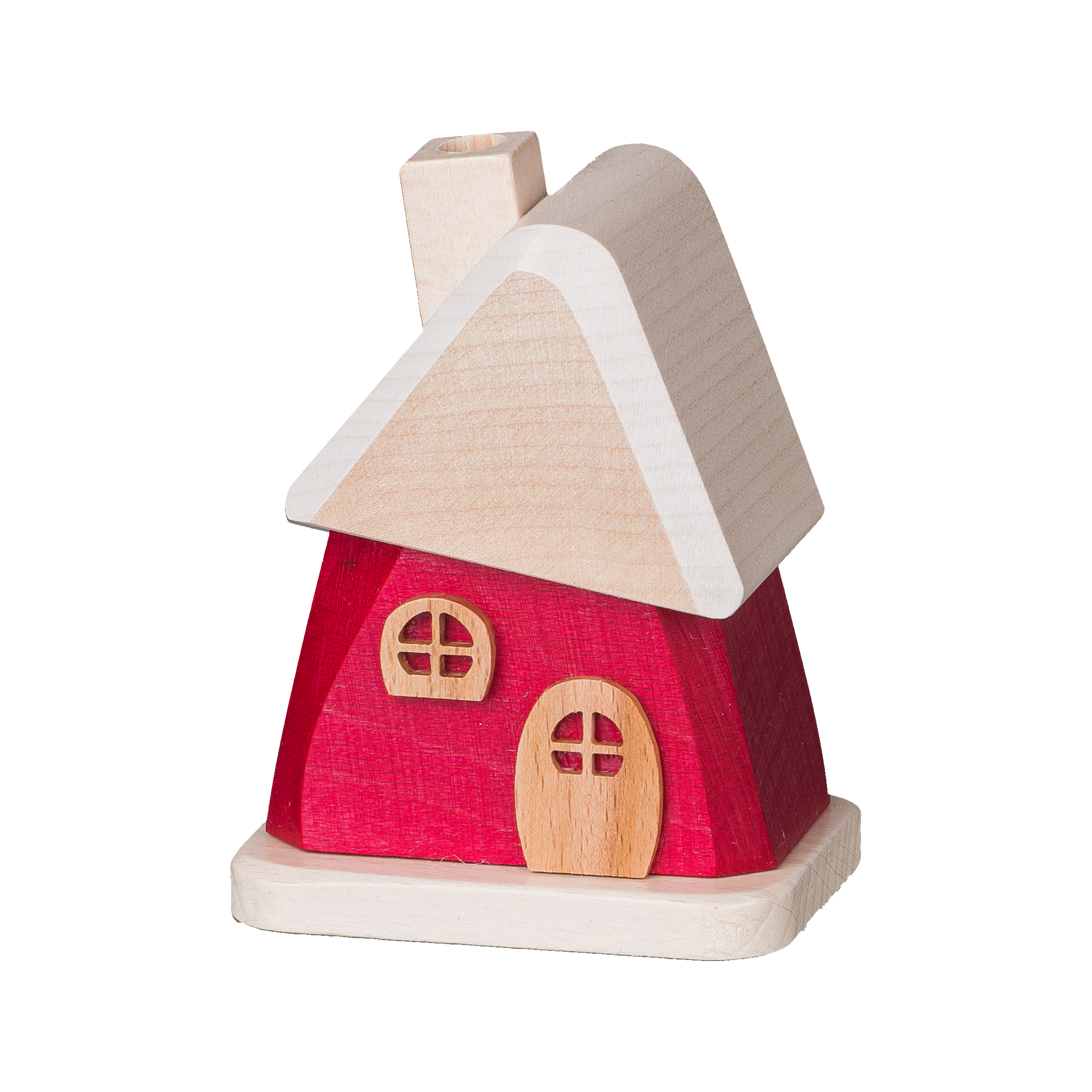 Das Räucherhäuschen aus Holz rot von Holzwaren Egermann besticht durch ein charmantes minimalistisches Design mit rotem Sockel, beigem Dreiecksdach, Schornstein, runden Fenstern und ovaler Tür, inspiriert vom traditionellen Stil des Erzgebirges und auf einem hellen, quadratischen Sockel.