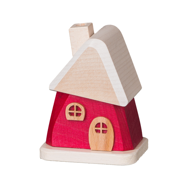 Das Räucherhäuschen aus Holz rot von Holzwaren Egermann besticht durch ein charmantes minimalistisches Design mit rotem Sockel, beigem Dreiecksdach, Schornstein, runden Fenstern und ovaler Tür, inspiriert vom traditionellen Stil des Erzgebirges und auf einem hellen, quadratischen Sockel.