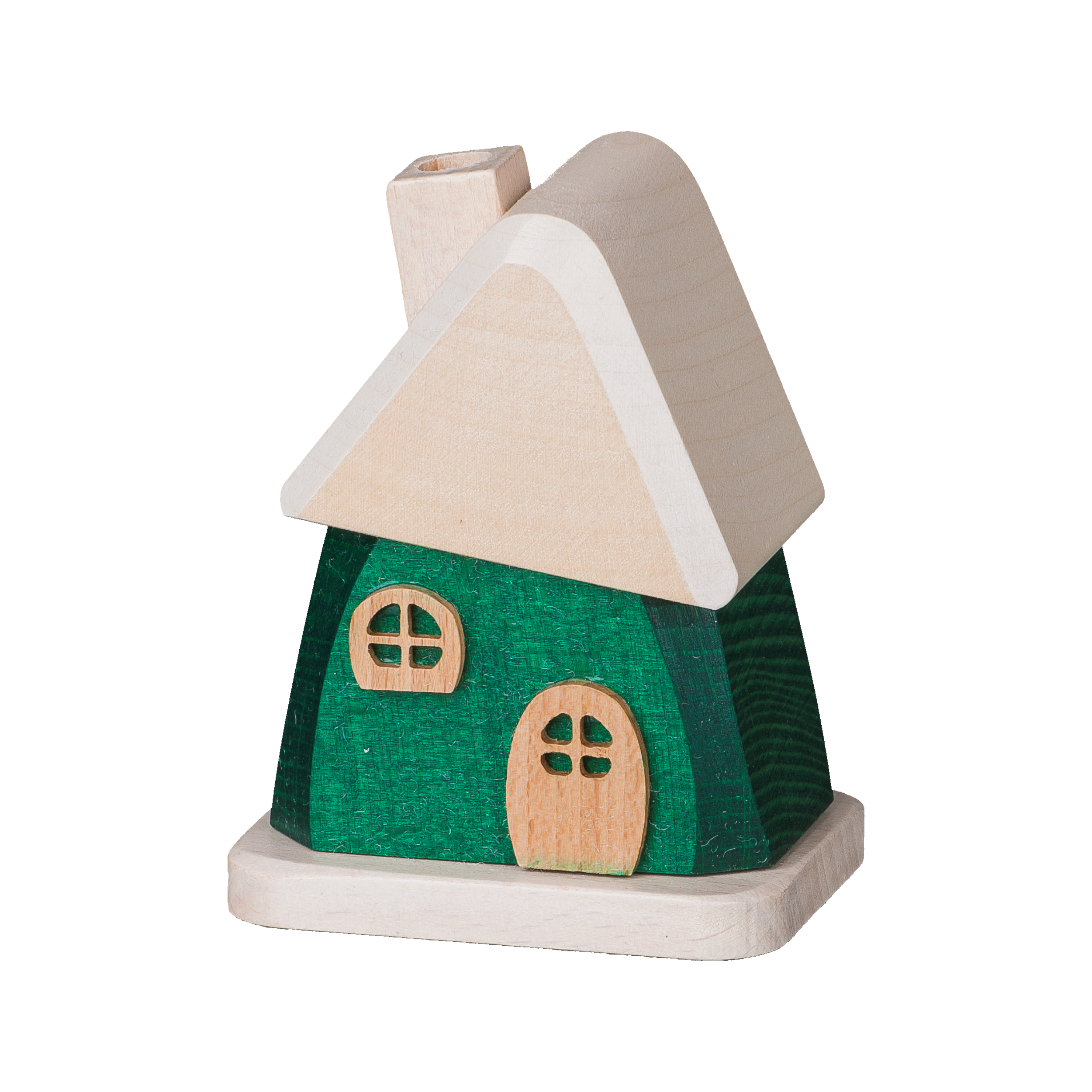 Das Räucherhäuschen aus Holz grün von Holzwaren Egermann ist ein charmantes Holzspielzeughaus im traditionellen Erzgebirgsstil mit grünem Sockel, Naturholzdach, Kamin, zwei runden Fenstern und einer Haustür.