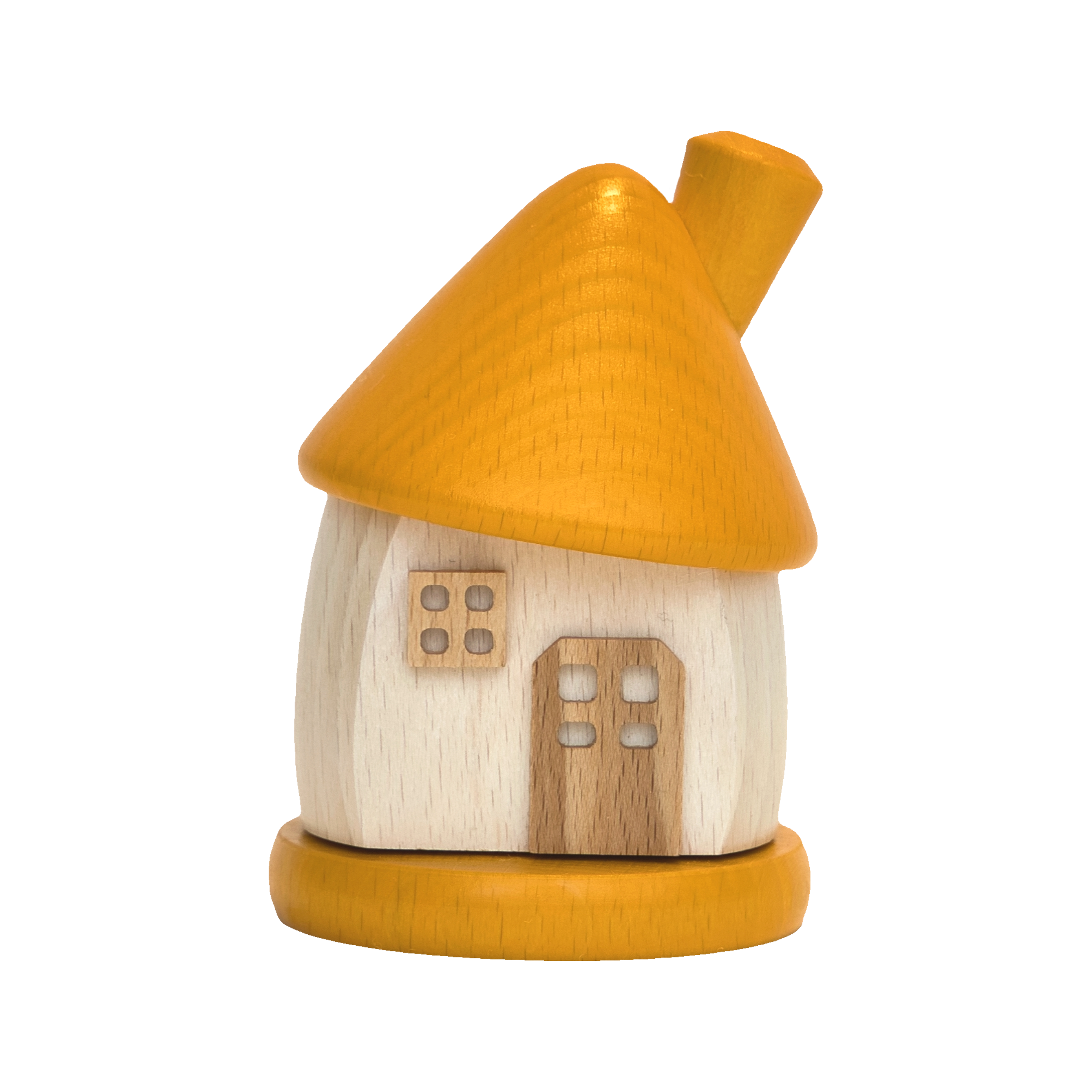 Das von Holzwaren Egermann gefertigte Räucherhäuschen rund aus Holz weiß/gelb ist eine bezaubernde Figur, die einem Haus mit rundem gelbem Dach und Schornstein ähnelt. Seine beigen Wände, die braune Tür und die quadratischen Fenster erinnern vor einem schwarzen Hintergrund an den spielzeugartigen Charme der Erzgebirge-Kunst.