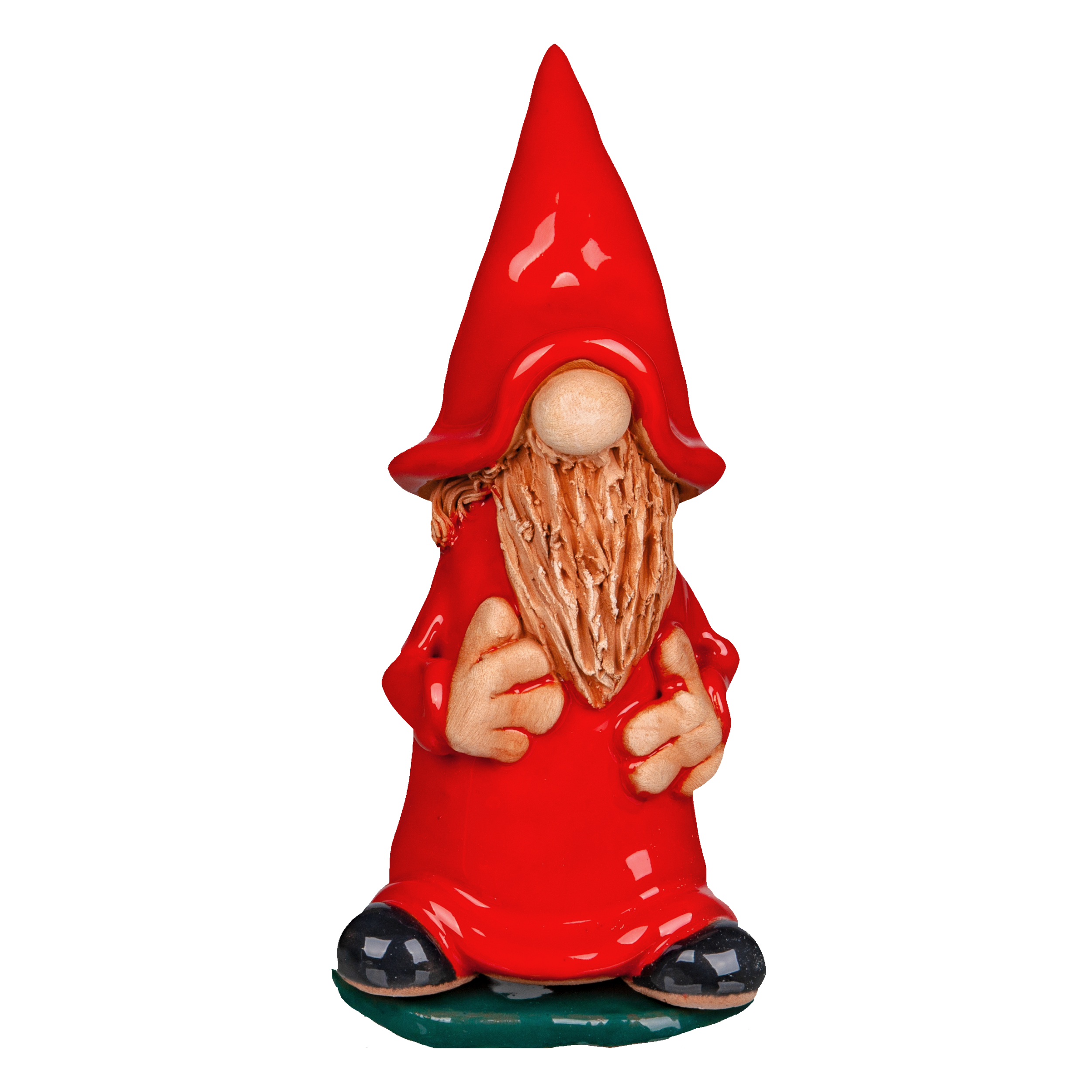Die Keramik-Räucherfigur Wichtel - rot von Original Crottendorfer Räucherkerzen ist eine kleine Figur mit einem hohen roten Hut, einem langen strukturierten Bart und einem leuchtend roten Gewand. Sie steht auf einem grünen Sockel mit sichtbaren Händen, während ihre Gesichtszüge unter dem verspielten Hut verborgen sind.