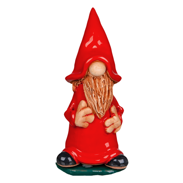 Die Keramik-Räucherfigur Wichtel - rot von Original Crottendorfer Räucherkerzen ist eine kleine Figur mit einem hohen roten Hut, einem langen strukturierten Bart und einem leuchtend roten Gewand. Sie steht auf einem grünen Sockel mit sichtbaren Händen, während ihre Gesichtszüge unter dem verspielten Hut verborgen sind.