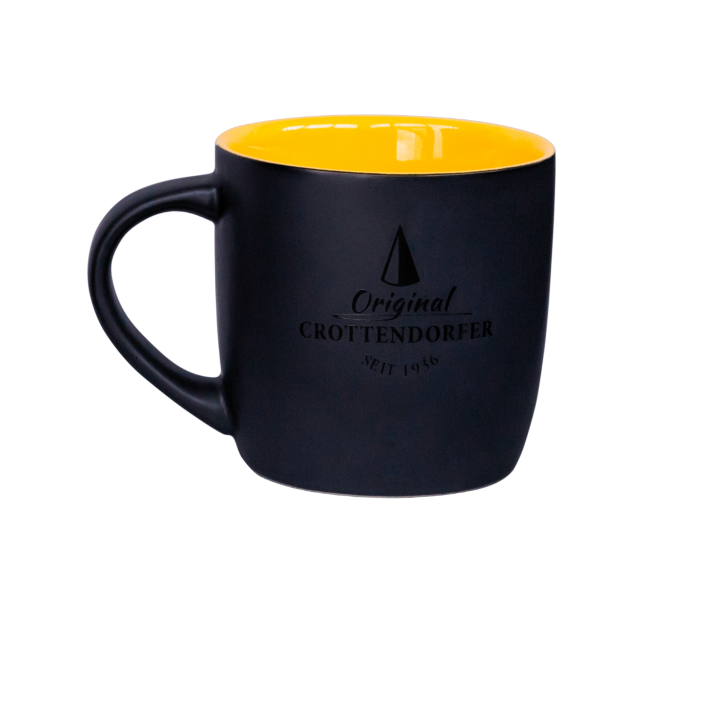 Die Keramiktasse matt gelb/schwarz von Original Crottendorfer Räucherkerzen zeigt vorn Logo und