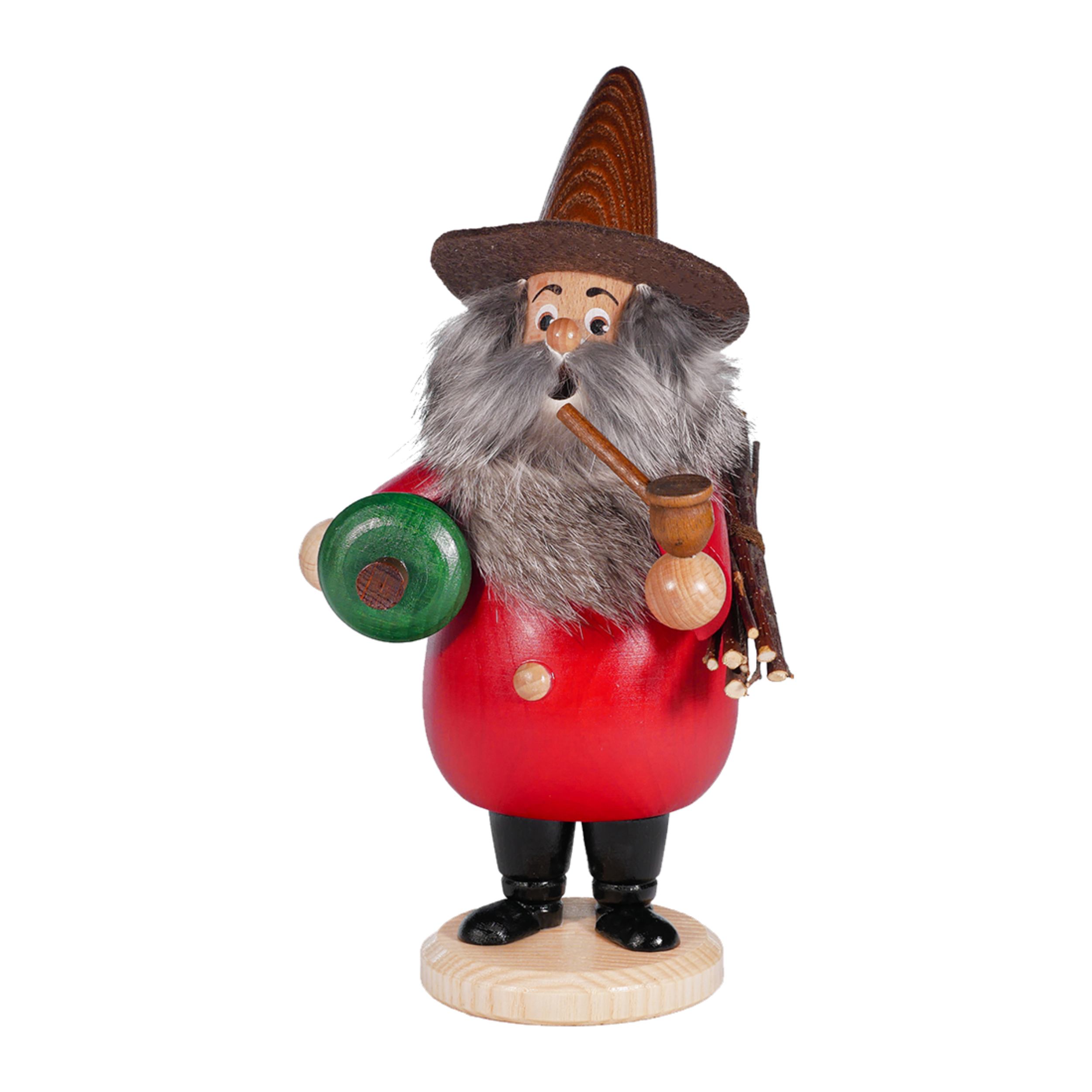 Der Wurzelzwerg Baummauser rot von DWU Drechselwerkstatt Uhlig ist eine handgefertigte Holzfigur im traditionellen Erzgebirge-Stil. Dargestellt ist ein bärtiger Mann mit buschigem grauem Bart, der einen braunen Hut und einen roten Mantel trägt, eine Pfeife und ein grünes Objekt hält und auf einem runden Holzsockel steht.