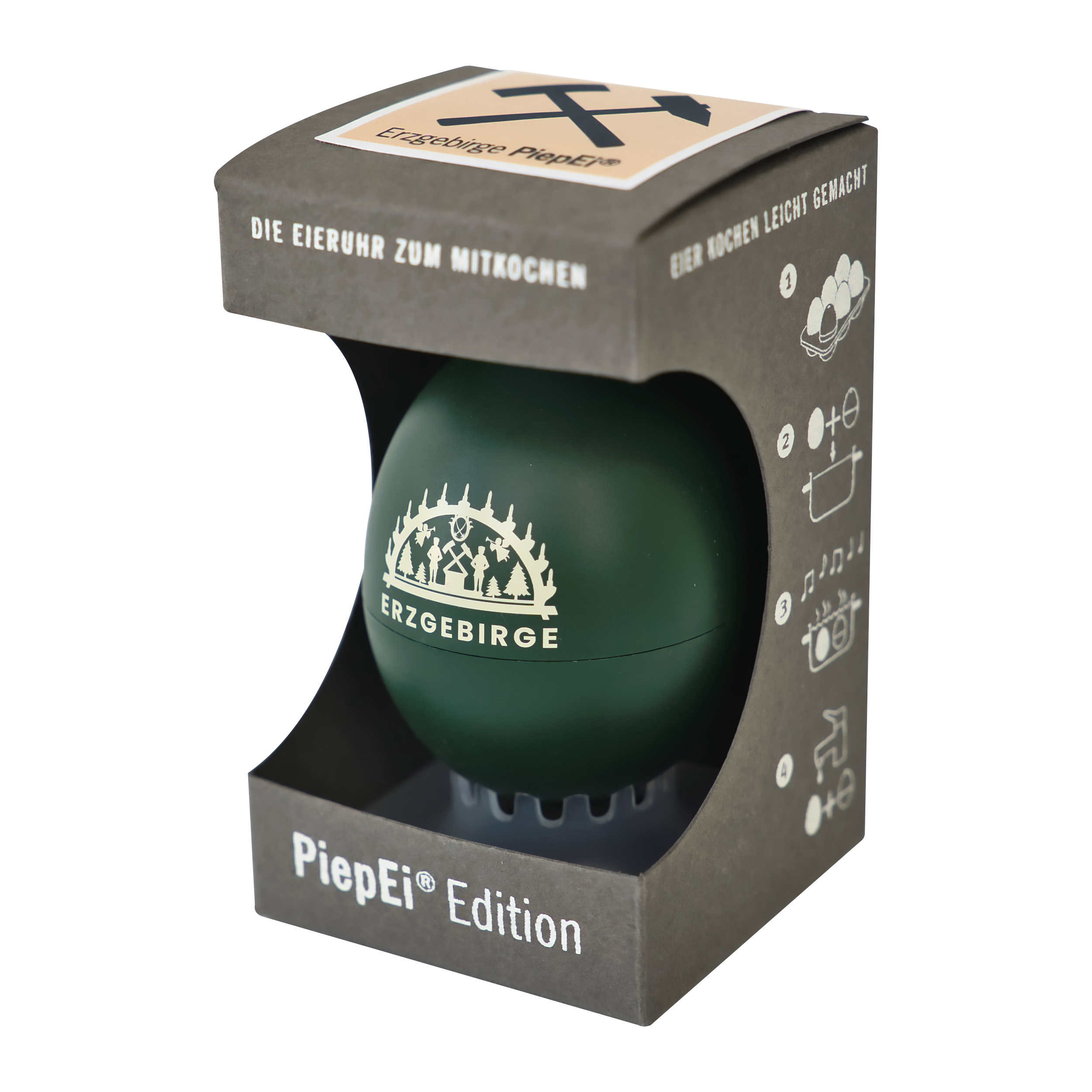 Das PiepEi „Erzgebirge“ von BrainStream ist ein grüner, eiförmiger Küchenwecker in einer dunkelgrauen Box mit verspielten Illustrationen von Eiern, Töpfen und Musiknoten. Er ist ideal für perfekt gekochte Eier und wird mit einer deutschen Anleitung geliefert.