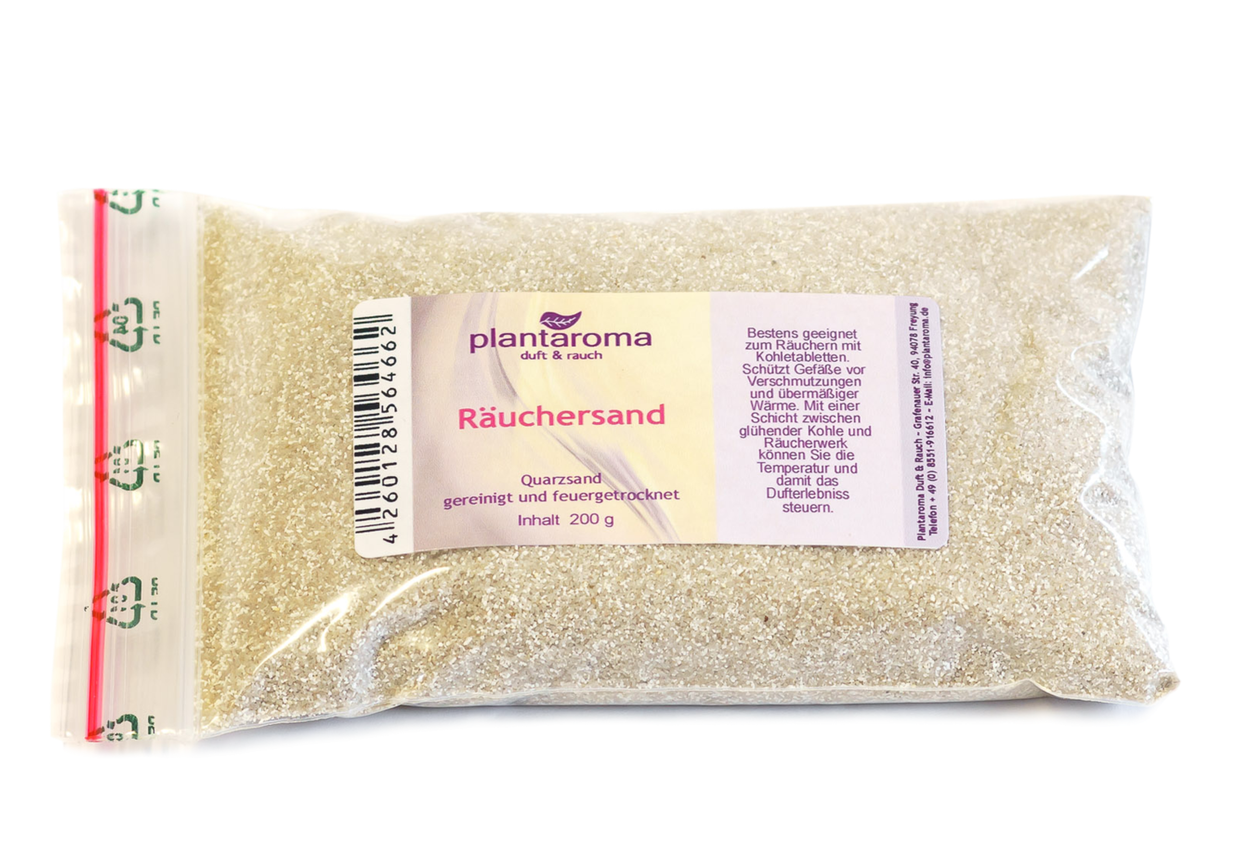 Ein 200g Klarsichtbeutel Plantaroma Räuchersand aus gereinigtem, feuergetrocknetem Quarzsand für intensive Dufterlebnisse. Inklusive deutscher Anleitung zur optimalen Anwendung mit Kohle.