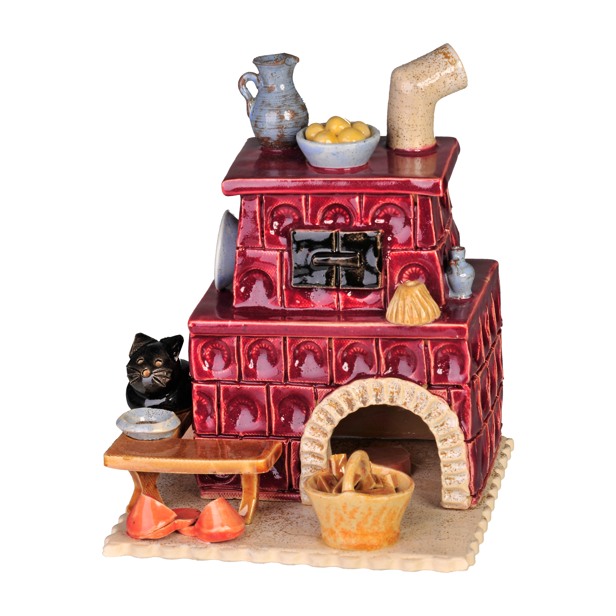 Der Keramik-Räucherofen Kamin eckig, altrosa von der Keramikwerkstatt Carola Busch ist eine dekorative Keramikfigur im Unikat-Stil. Sie weist einen tiefroten Farbton mit detailreichen Elementen wie einer Katze, Töpfen, einem Krug, einem Besen und Holzscheiten auf, die an einen traditionellen holzbefeuerten Räucherofen auf schlichtem schwarzen Hintergrund erinnern.