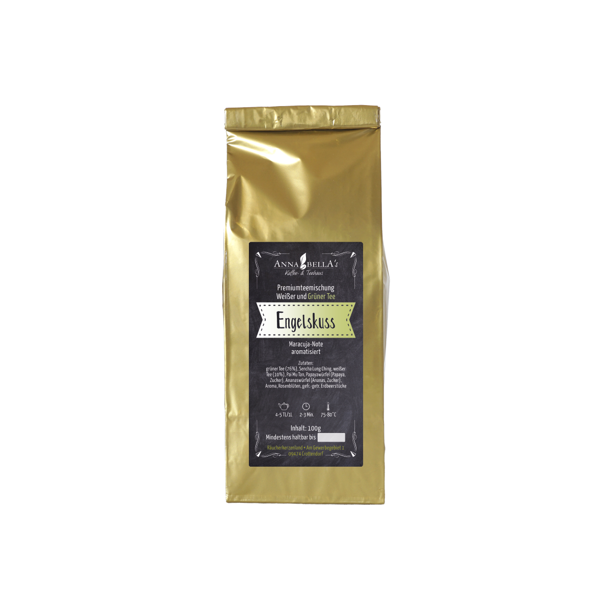 Die Verpackung aus goldener Folie verfügt über ein schwarzes Etikett mit „Engelskuss“ von Original Crottendorfer, detaillierte Produktinformationen und eine Kaffeetassengrafik. Es bietet Noten von Passionsfrucht und Ananas, die sein einzigartiges Geschmacksprofil unterstreichen.