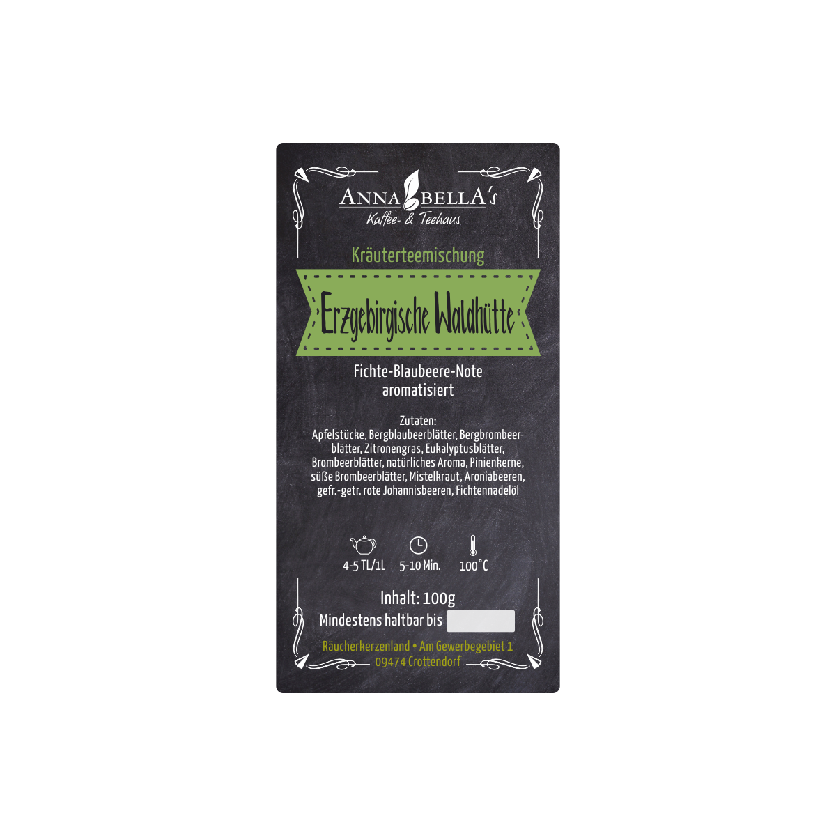 Eine schwarze Packung „Erzgebigische Waldhütte“ Kräutertee von Original Crottendorfer mit den Aromen Fichte, Heidelbeere und Fichtennadelöl. Inklusive Zutatenliste und Zubereitungsanleitung mit einem Gesamtgewicht von 100g.