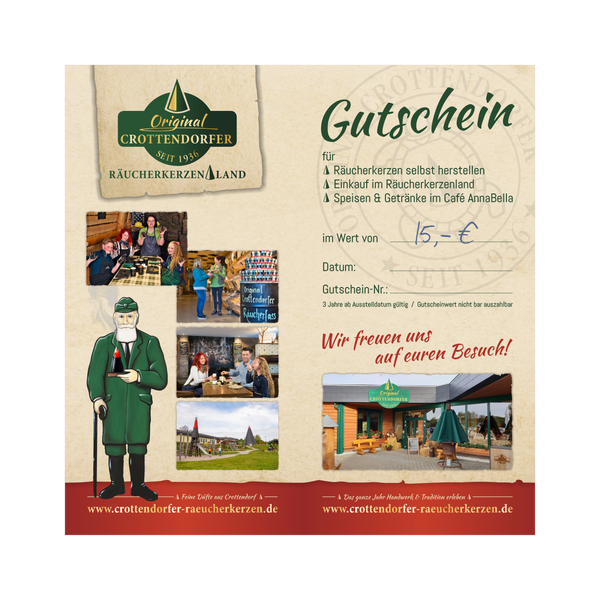 Entdecken Sie Original Crottendorfers Gutschein Räucherkerzenland, wo das bezaubernde Ladeninnere mit köstlichem Essen und Sitzgelegenheiten im Freien harmoniert. Freuen Sie sich über einen 15-Euro-Gutschein für Produkte und Dienstleistungen. Besuchen Sie unsere Website unten, um Ihr aromatisches Abenteuer zu beginnen!.