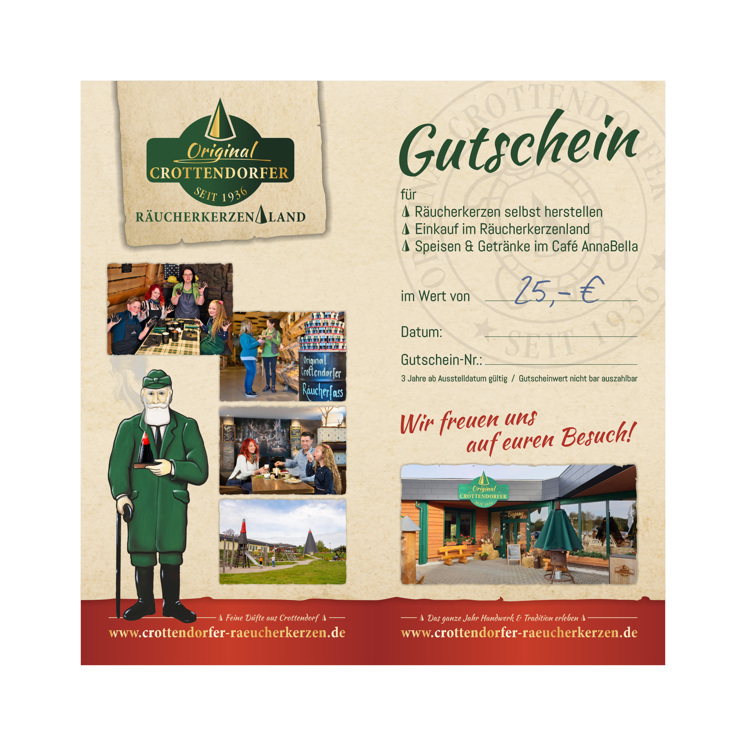 Der Gutschein Räucherkerzenland von Original Crottendorfer illustriert wunderschön die Kunst der Herstellung von Räucherkerzen und zeigt Bilder von Räucherwerk und Freizeitszenen. Ein skurriler älterer Mann im Cartoon-Stil in einer grünen Jacke mit einem Stock verstärkt den Charme des Gutscheins.