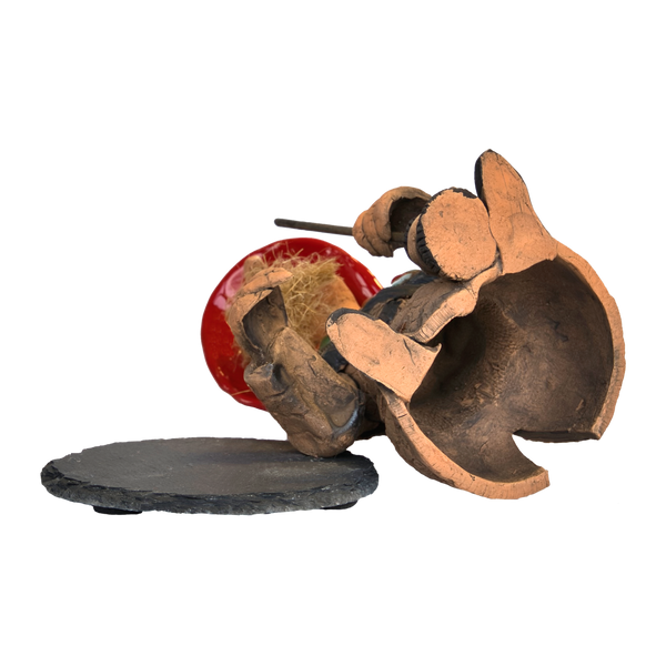 Eine Elefantenskulptur aus Keramik, die an eine Original Crottendorfer „Räucherhexe – Rot, mit Schieferteller“ erinnert, liegt zerbrochen auf der Seite. Sie ist größtenteils hohl und hat eine große Öffnung, die im Inneren abstrakte rote und gelbe Elemente freigibt.