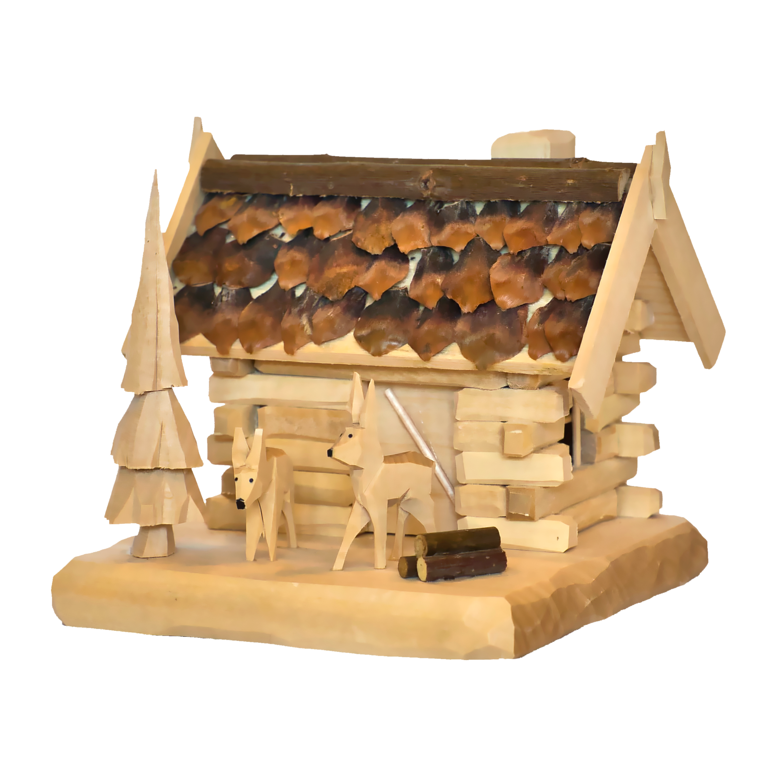 Die Holzhütte mit Rehen, geschnitzt von der Holzschnitzerei Hartmann ist ein traditionelles, handgefertigtes Holzmodell einer Blockhütte mit Schindeldach. Es umfasst zwei kleine Tierfiguren, einen Baum und Holzscheite, die elegant auf einem Sockel aus edlem Lindenholz angeordnet sind.