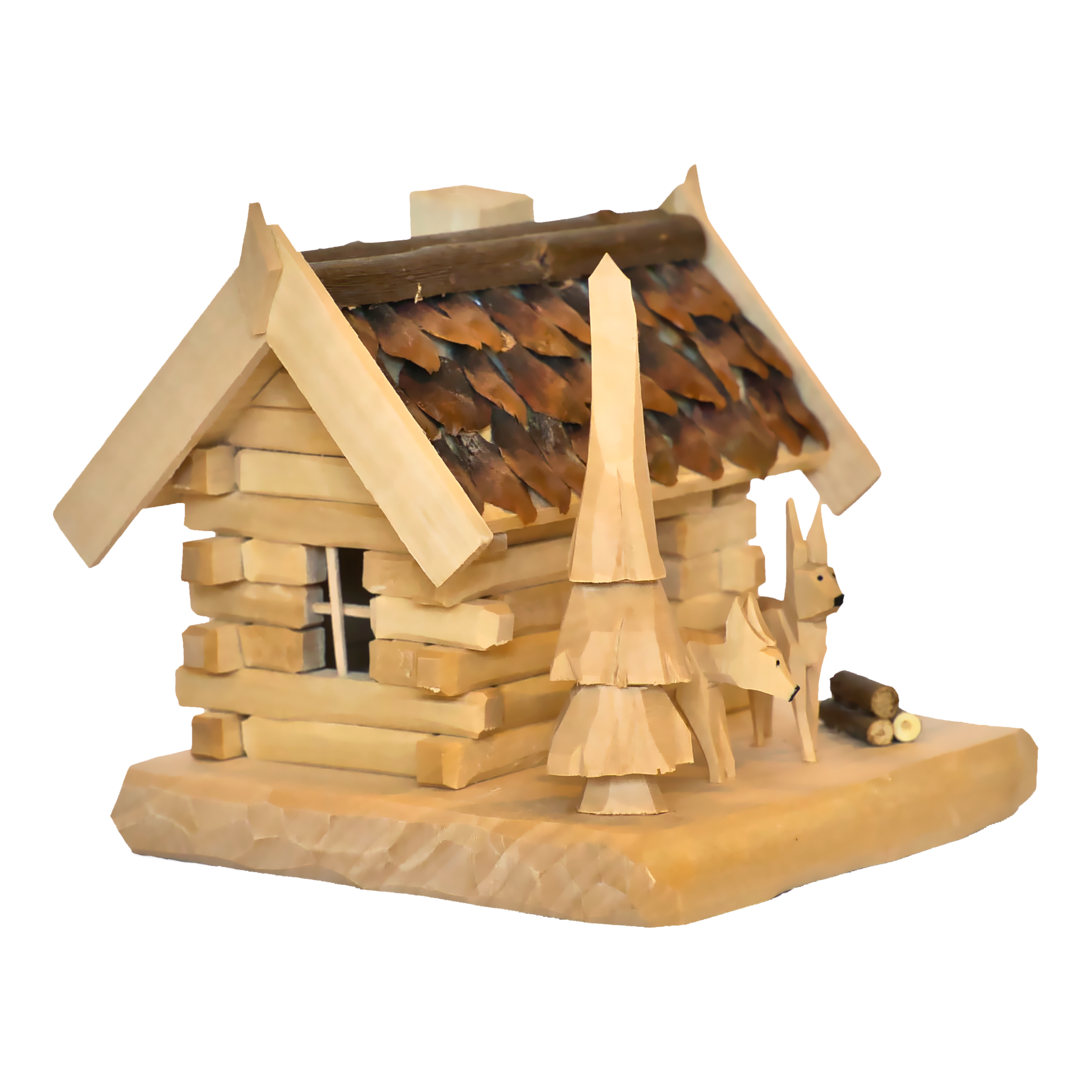 Die Holzhütte mit Rehen, geschnitzt von der Holzschnitzerei Hartmann ist ein kleines Blockhüttenmodell aus feinem Lindenholz mit schrägem Schindeldach. Es umfasst eine geschnitzte Baum- und Hirschfigur auf einem rechteckigen Sockel mit Holzstämmen und ist ein Beispiel für traditionelle Handwerkskunst.