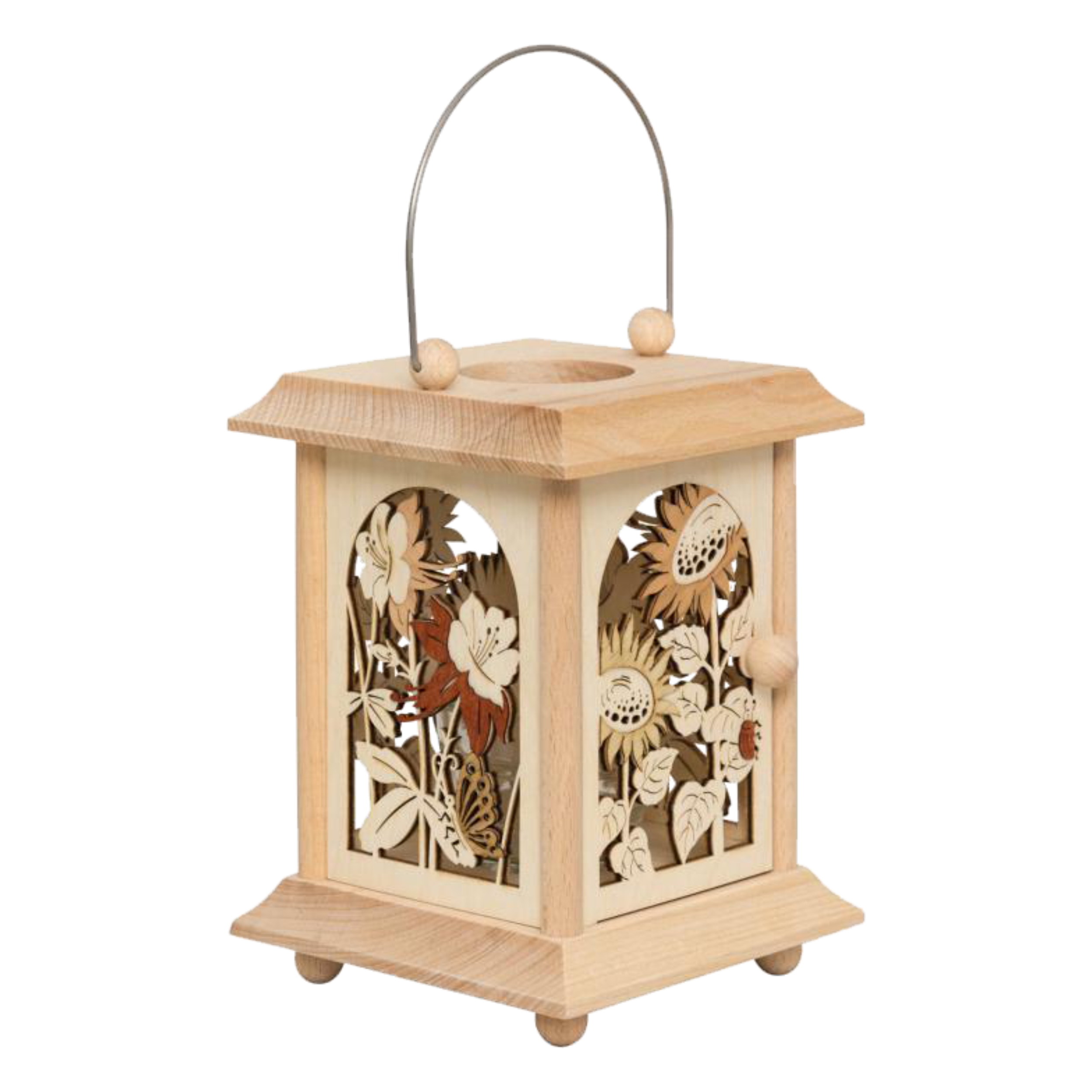 Die Tischlaterne Sommerblumen von Drechslerei Kuhnert ist eine dekorative Holzlaterne mit aufwendigen Blumenmustern und roten und gelben Sommerblumenakzenten. Sie verfügt über einen quadratischen Sockel, eine quadratische Oberseite und einen Metallgriff und spiegelt so traditionelle Handwerkskunst wider.