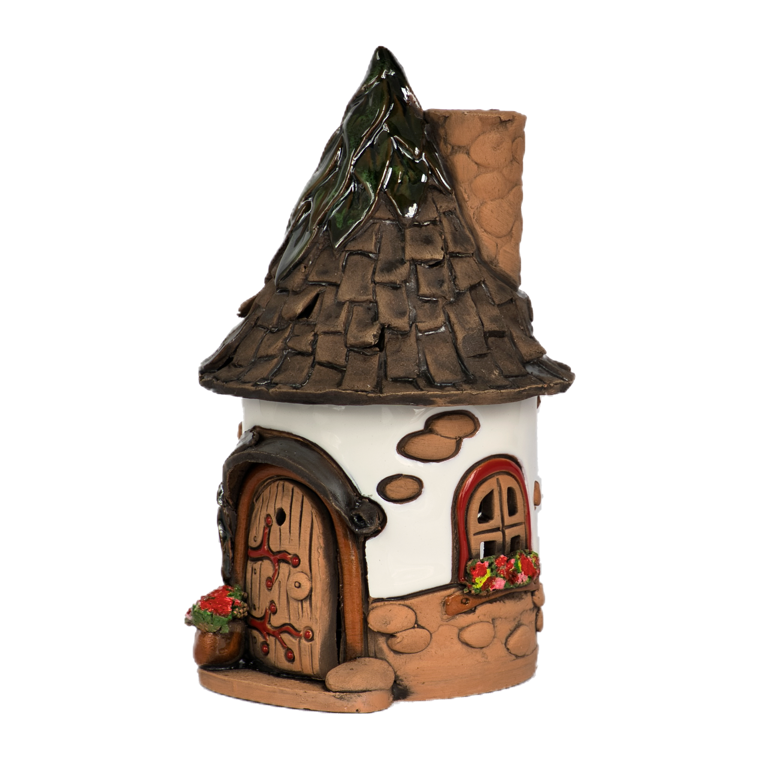 Das Original Crottendorfer Räucherhaus Keramik Waldhaus groß, rund, weiß ist ein märchenhafter Hingucker mit hutartig strukturiertem Dach, Holztür mit roten Akzenten, runden, mit Blumen geschmückten Fenstern und seitlichem Kamin.