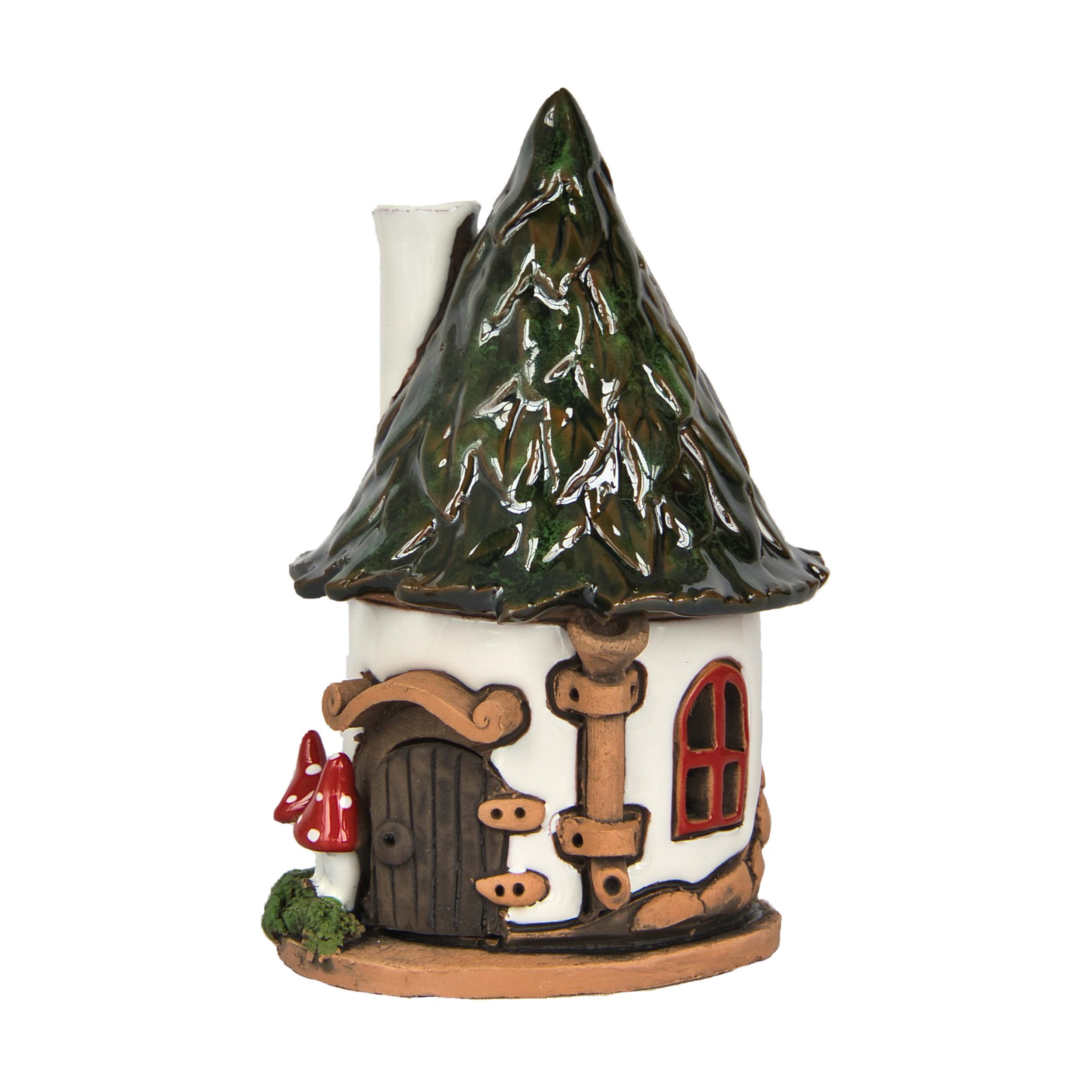 Das Original Crottendorfer Räucherhaus Keramik Pilzhaus weiß ist ein skurriles Haus in Pilzform mit einem grünen Spitzdach, einer Holztür, einem rot gerahmten Fenster und einem kleinen roten Pilz am Sockel, was es in jeder Umgebung zu einem echten Hingucker macht.
