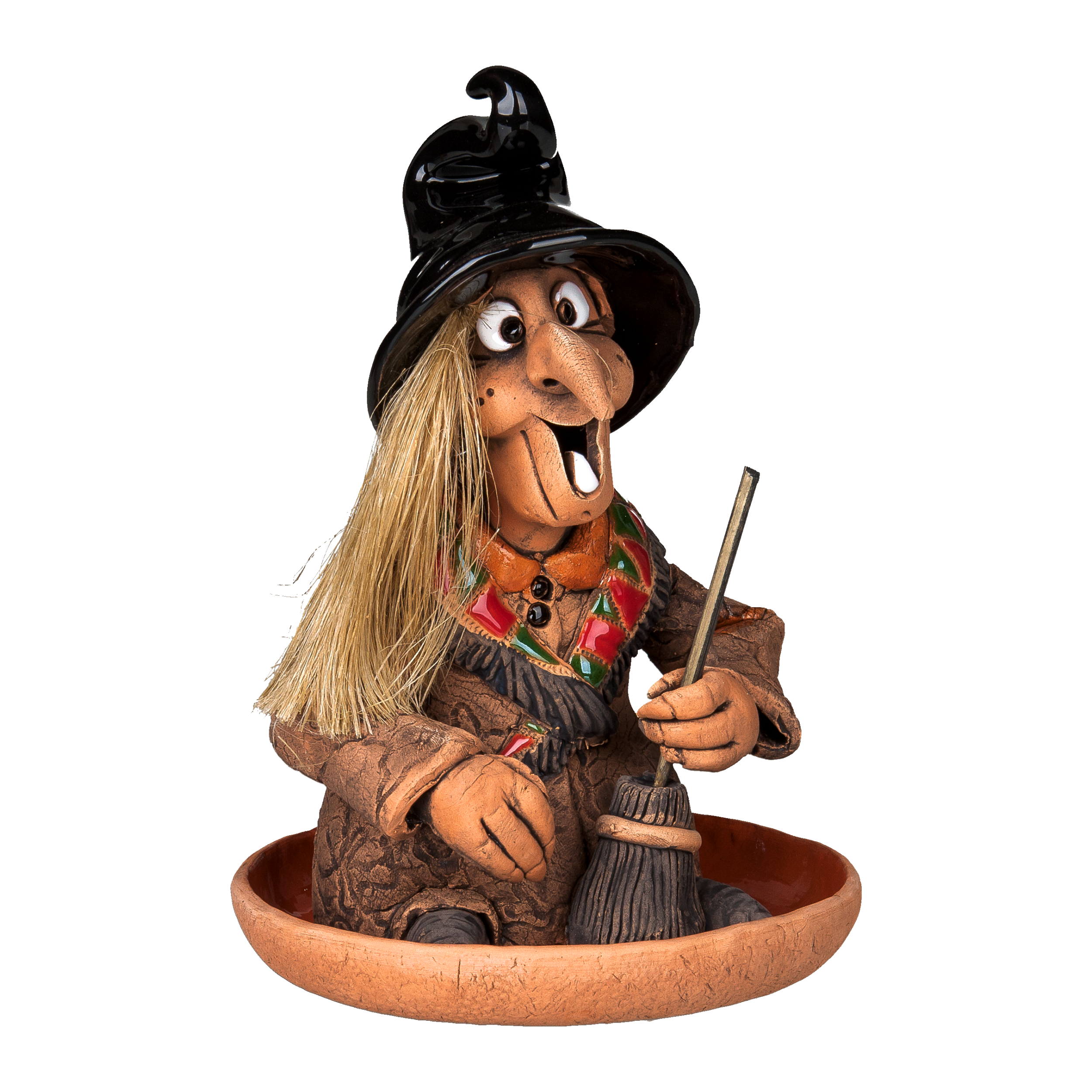 Die skurrile „Räucherhexe mit Keramikteller - Hut schwarz“ von Original Crottendorfer zeigt eine Hexe mit einem hohen schwarzen Hut, strohähnlichem Haar und übertriebenen Gesichtszügen. Gekleidet in einen farbenfrohen schwarzen Umhang und mit einem kleinen Besen in der Hand, verstärkt dieses charmante Stück in limitierter Auflage seinen Reiz.