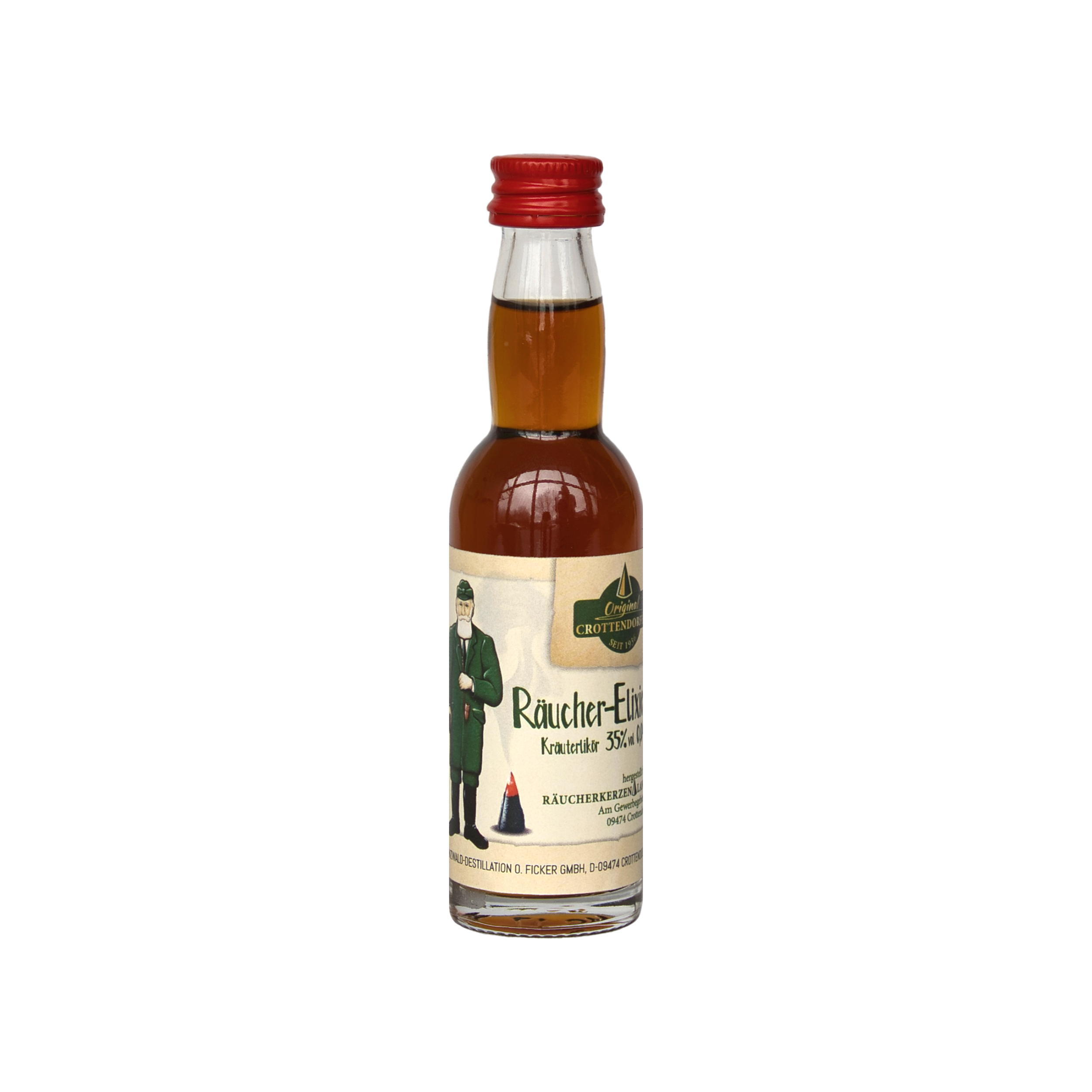 Die kompakte 0,04l Braunglasflasche von Original Crottendorfer mit rotem Verschluss ziert ein Etikett mit einer Person in Tracht und dem Text „Raucher-Eleganz Kräuterlikör“. Auf schwarzem Hintergrund erstrahlt das klassische Design als Räucher-Elixier 0,04l.
