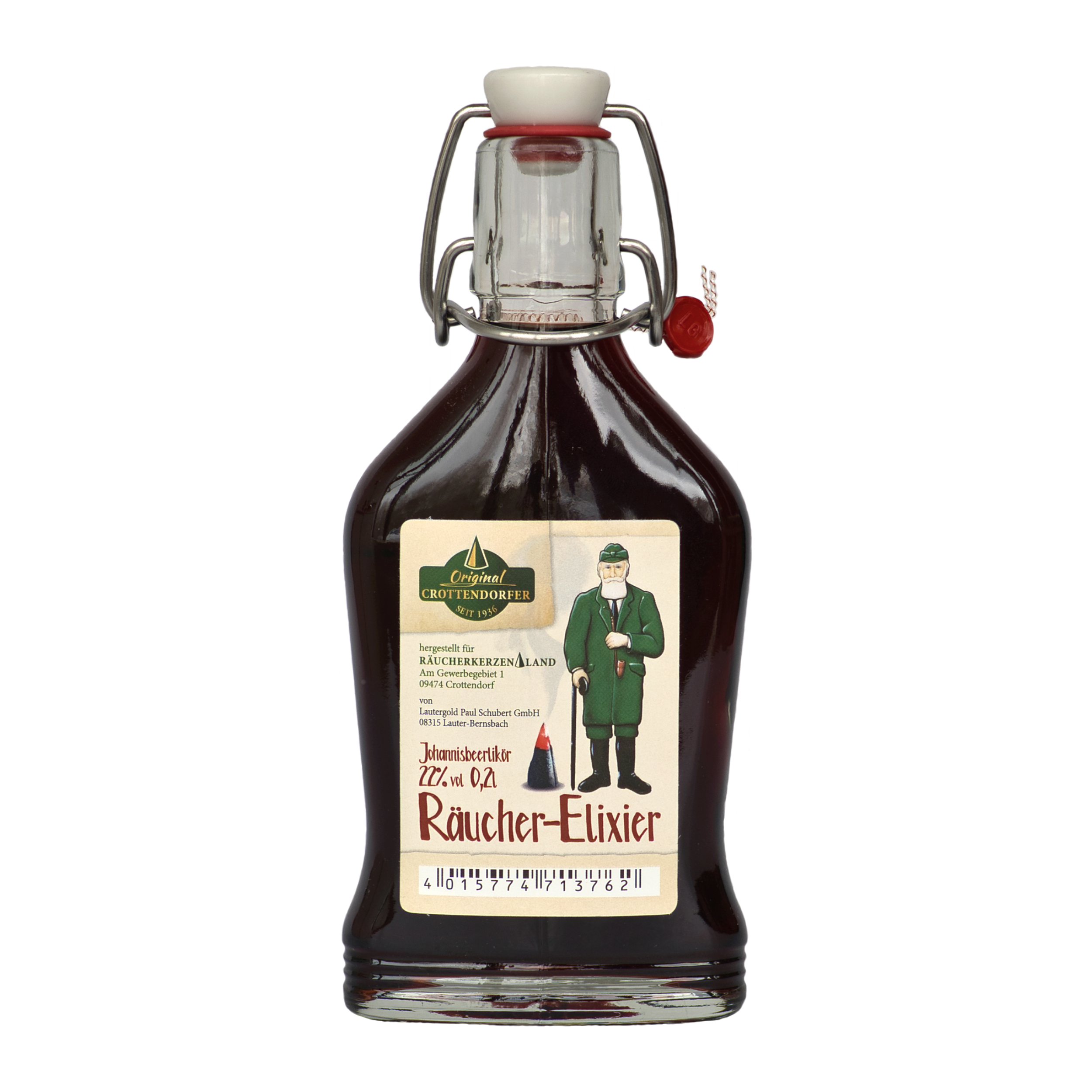Eine 0,2-Liter-Flasche Original Crottendorfer Räucher-Elixier mit Bügelflaschendeckel trägt ein Etikett, das einen Mann in Grün mit Pfeife und deutschem Text zeigt. Der dunkelrote Johannisbeerlikör im Inneren verleiht diesem faszinierenden Kräuterlikör etwas Geheimnisvolles.