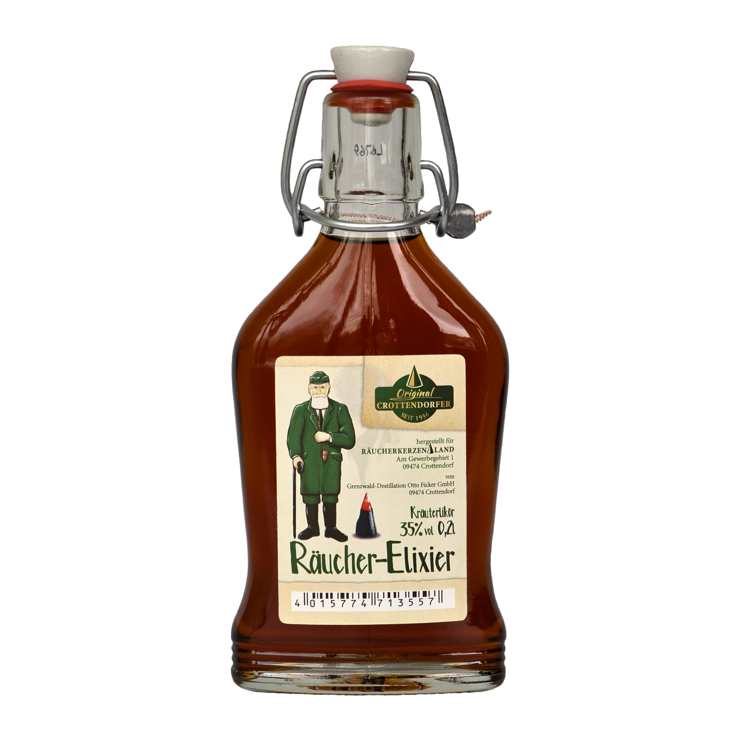 Das Original Crottendorfer Räucher-Elixier, in der 0,2l Bügelflasche mit Metallverschlussdeckel, enthält eine braune Flüssigkeit. Das Etikett zeigt einen Mann in Grün mit Pfeife und die Aufschrift „Großmutters Original-Rezeptur“, die einem handwerklich hergestellten Kräuterlikör mit 35 % Vol. ähnelt.