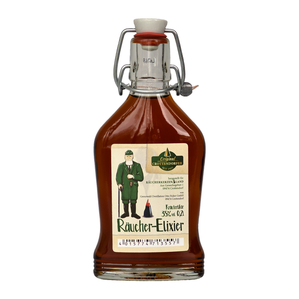 Das Original Crottendorfer Räucher-Elixier, in der 0,2l Bügelflasche mit Metallverschlussdeckel, enthält eine braune Flüssigkeit. Das Etikett zeigt einen Mann in Grün mit Pfeife und die Aufschrift „Großmutters Original-Rezeptur“, die einem handwerklich hergestellten Kräuterlikör mit 35 % Vol. ähnelt.