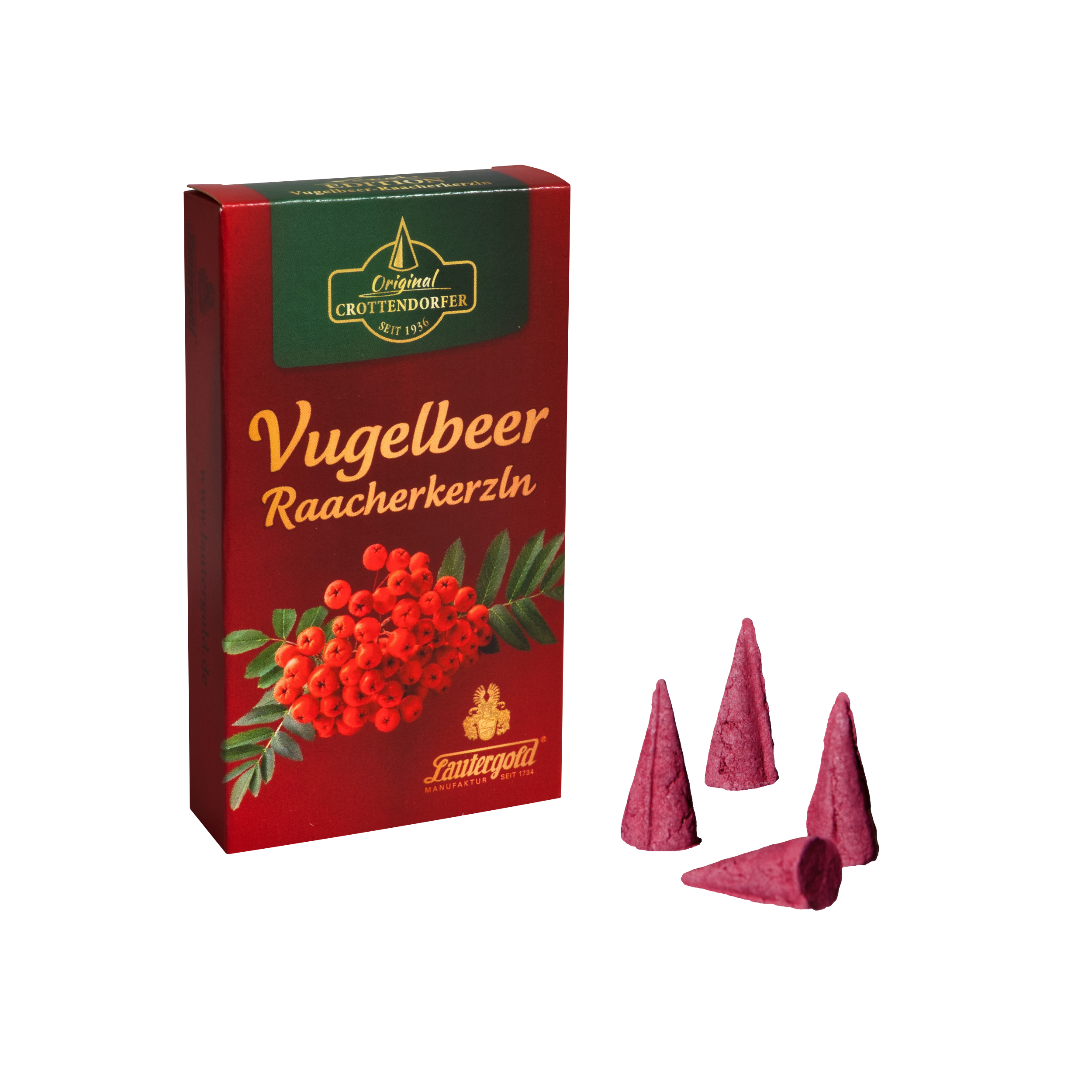 Eine rote Schachtel mit der Aufschrift Vugelbeer Raacherkerzln by Original Crottendorfer Räucherkerzen, mit Vogelbeeren auf der Vorderseite, steht neben vier rosafarbenen Räucherkegeln auf schwarzem Grund.