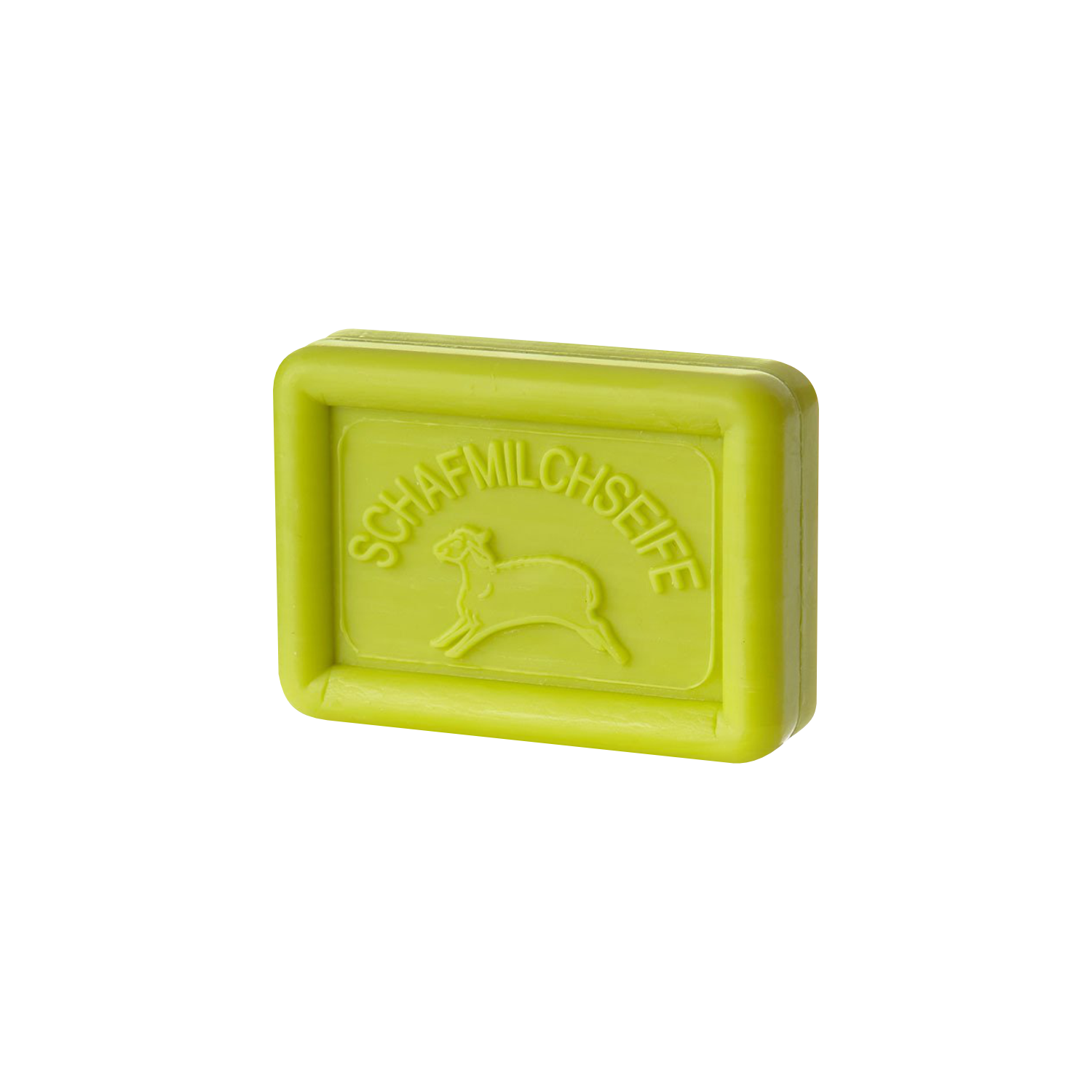 Eine grüne rechteckige Tafel Ovis Schafmilchseife Gurke-Limette mit „SCHAFMILCHSEIFE“ und einem geprägten Schaf auf der Vorderseite, bekannt für seine hautpflegenden Eigenschaften, isoliert auf weißem Hintergrund.