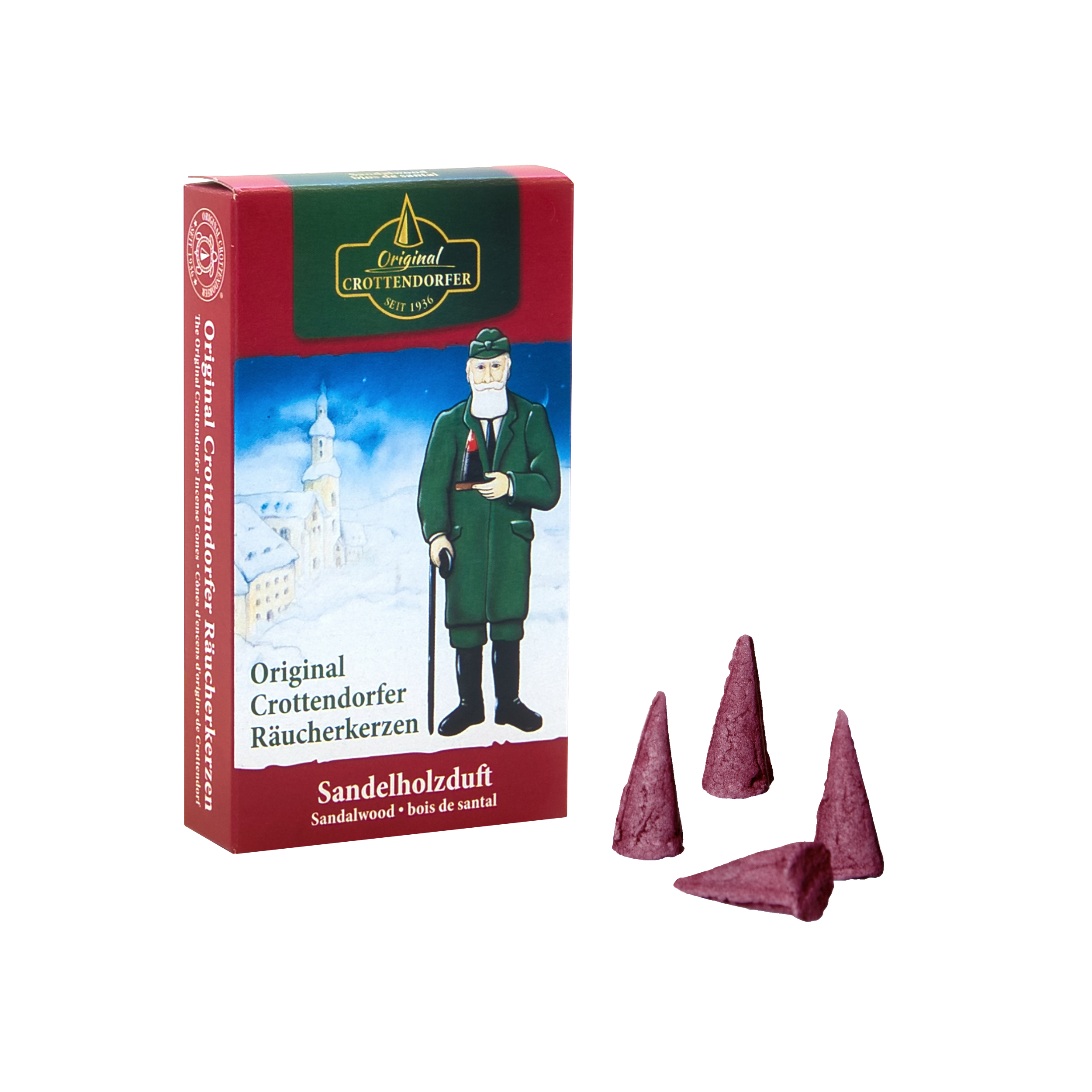 Auf einer rot-grünen Schachtel ist ein Mann in Mantel und Hut mit einer Pfeife vor einem verschneiten Dorf abgebildet. Die Räucherkerzen mit der Aufschrift „Räucherkerzen Sandelholz“ von Original Crottendorfer Räucherkerzen bieten einen beruhigenden Sandelholzduft und vier kegelförmige Räucherstäbchen für eine beruhigende Atmosphäre.
