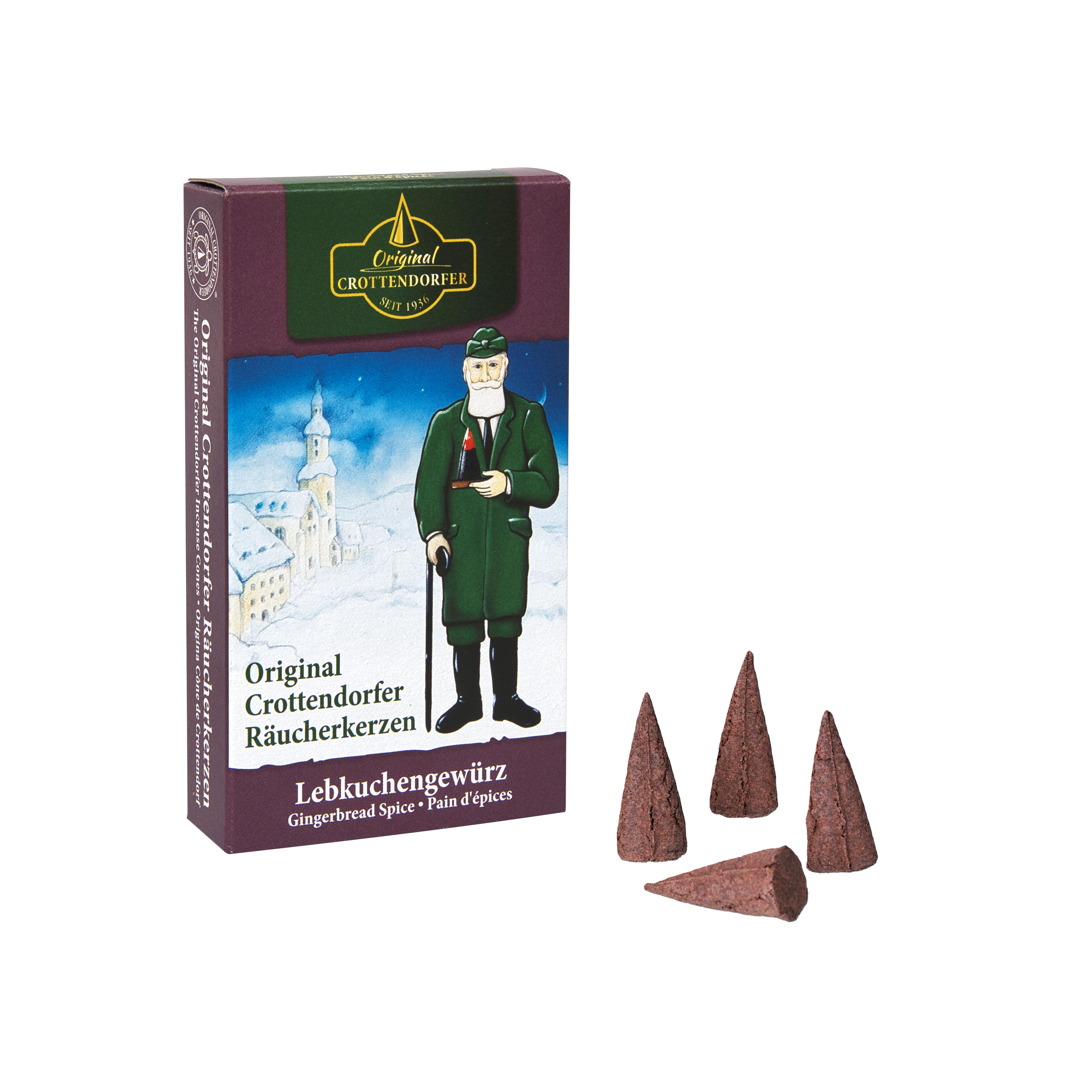 Eine Schachtel mit Original Crottendorfer Räucherkerzen „Lebkuchengewürz“, die den einladenden Duft klassischer Lebkuchengewürze verströmen; neben der Verpackung sind vier braune Räucherkegel abgebildet. Die Schachtel ist mit der Abbildung eines Mannes in grünem Mantel und Hut verziert, der den warmen Weihnachtsduft von traditionellem Zimt und festlichen Leckereien verkörpert.