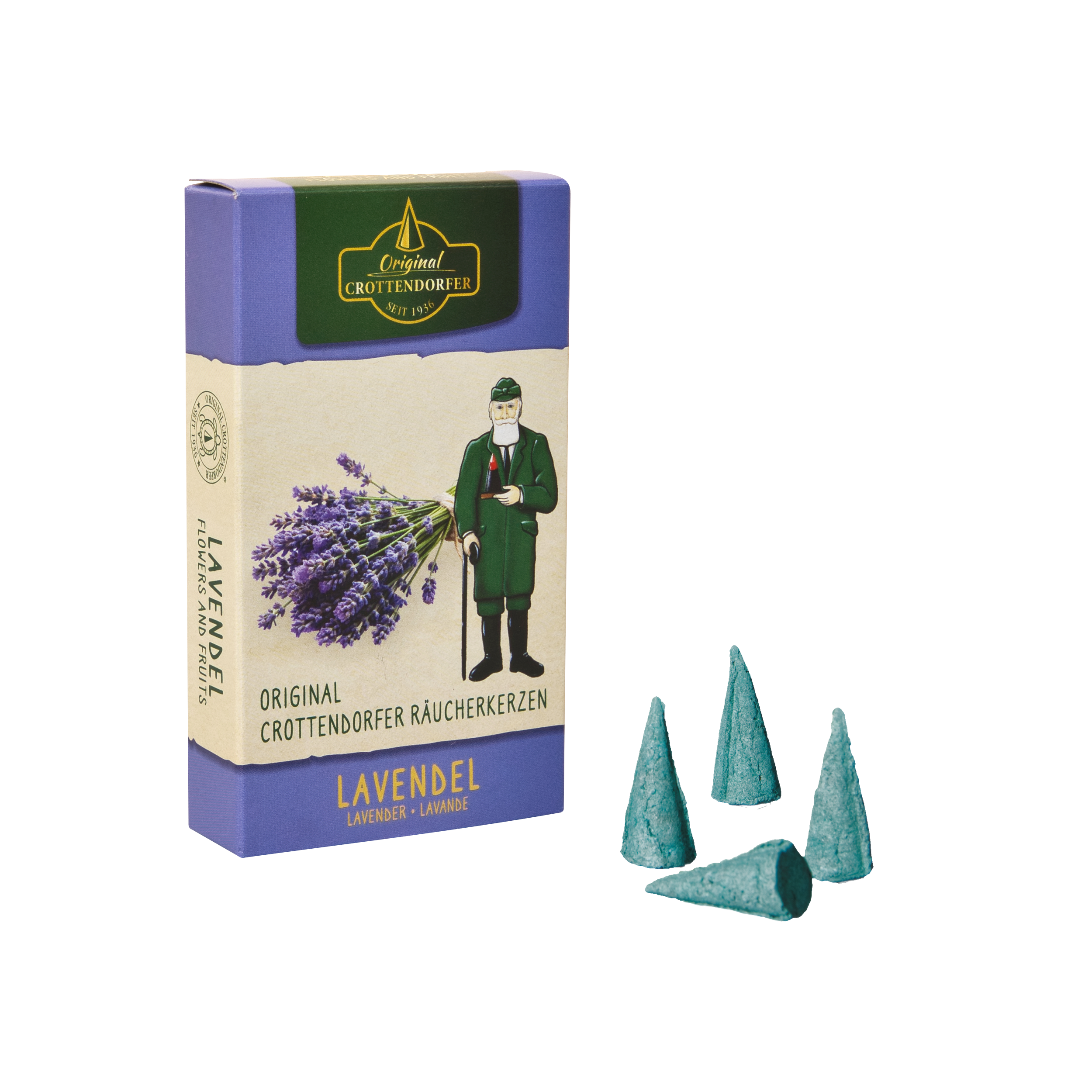Eine Schachtel mit Original Crottendorfer Räucherkerzen „Lavendel“ ist neben vier blaugrünen Räucherkegeln abgebildet. Die Verpackung zeigt eine Illustration von Lavendel und einer grün gekleideten Person, die an den blumigen Duft der Provence erinnert.