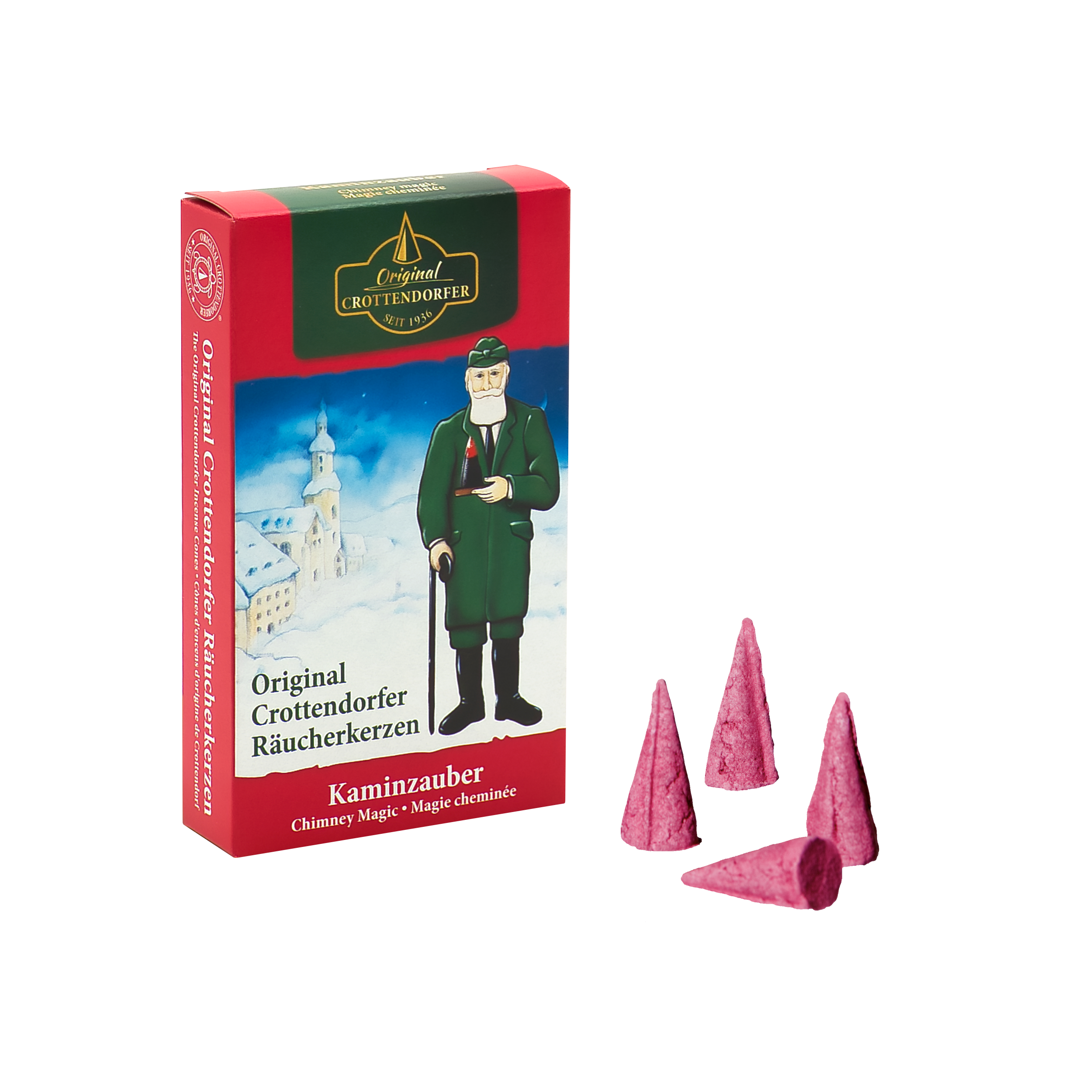 Die Räucherkerzen Kaminzauber von Original Crottendorfer Räucherkerzen im Vintage-Design mit Männchen und verschneitem Dorf lassen an Zimt-Ferien denken. Fünf rosa Zapfen neben der Box erinnern an gemütliche Glühweinabende am Kaminfeuer.