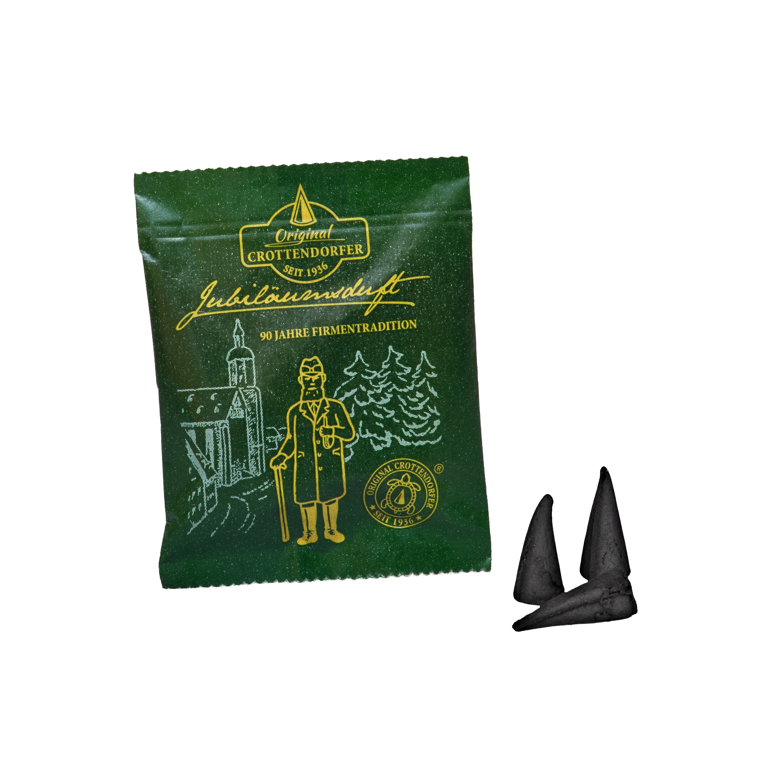 Eine grüne Verpackung mit der Aufschrift „Original Crottendorfer Räucherkerzen“, die mit einer goldenen Illustration verziert und mit der Aufschrift „Räucherkerzen Probierpackung Jubiläumsduft 90 Jahre“ steht auf weißem Hintergrund und spiegelt die erzgebirgische Räuchertradition wider; daneben liegen zwei kegelförmige schwarze Räucherstäbchen.