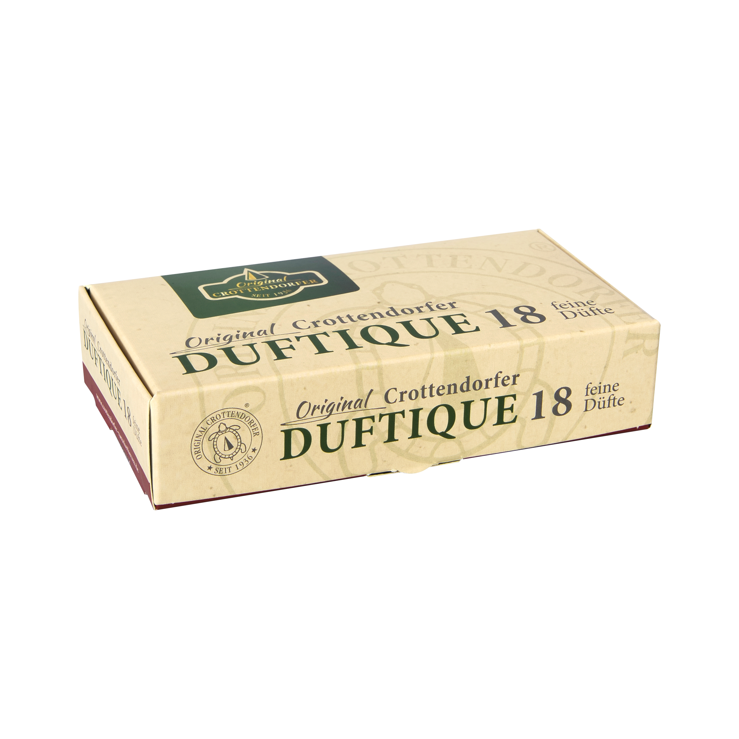 Rechteckige, beige Verpackung von „Original Crottendorfer DUFTIQUE 18 feine Düfte“ auf weißem Hintergrund. Die Schachtel zeigt oben ein grünes Logo mit der Aufschrift „Original CROTTENDORFER SEIT 1936“ sowie unten links ein runden Stempel mit einer Schildkröte und der Aufschrift „ORIGINAL CROTTENDORFER – SEIT 1936“. Auf der Schachtel steht der Text: „Original Crottendorfer DUFTIQUE 18 feine Düfte“.