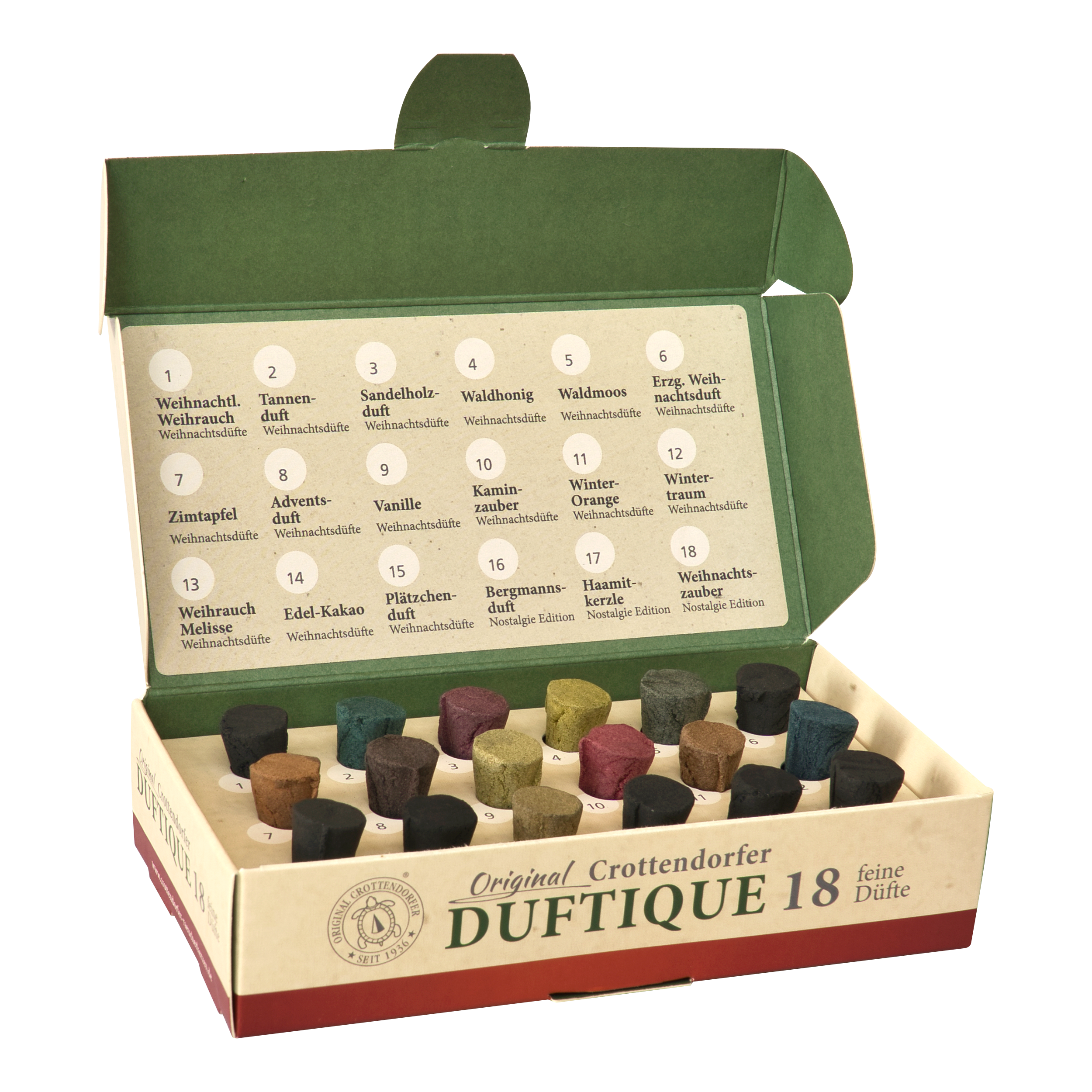 Geöffnete Schachtel mit Räucherkegeln „Duftique 18 feine Düfte – Weihnachtsdüfte & Editionen“ von Original Crottendorfer Räucherkerzen, in der sich 18 verschiedenfarbige Räucherkegel und eine gedruckte Liste der Düfte – wie Weihrauch, Tannenduft und andere festliche Sorten – in der beige-grünen, deutschsprachigen Schachtel befinden.