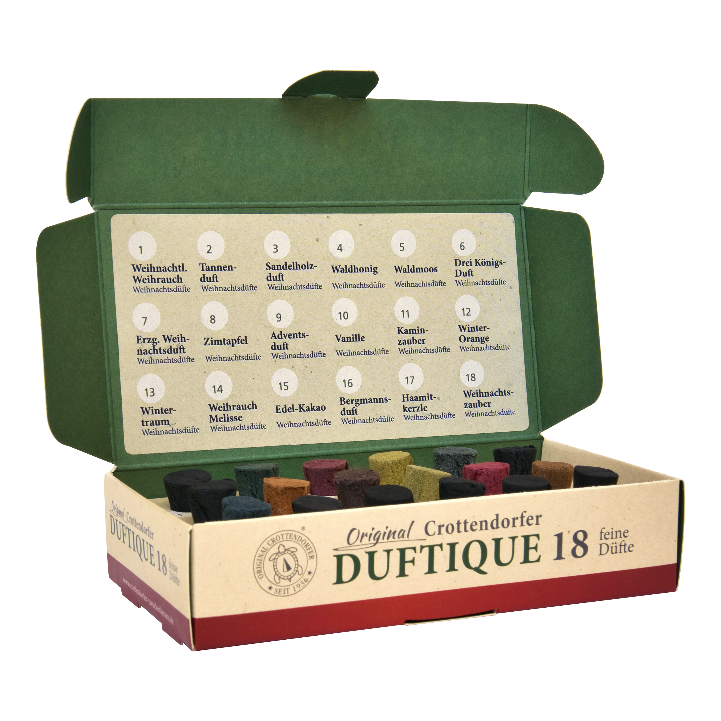 Eine geöffnete Schachtel von Original Crottendorfer Räucherkerzen Duftique 18 feine Düfte - Weihnachtsdüfte & Editionen zeigt 18 bunte Duftkegel wie Tannenduft und Sandelholzduft, fein säuberlich arrangiert mit einer Duftkarte in einer festlichen grün-beigen Verpackung.