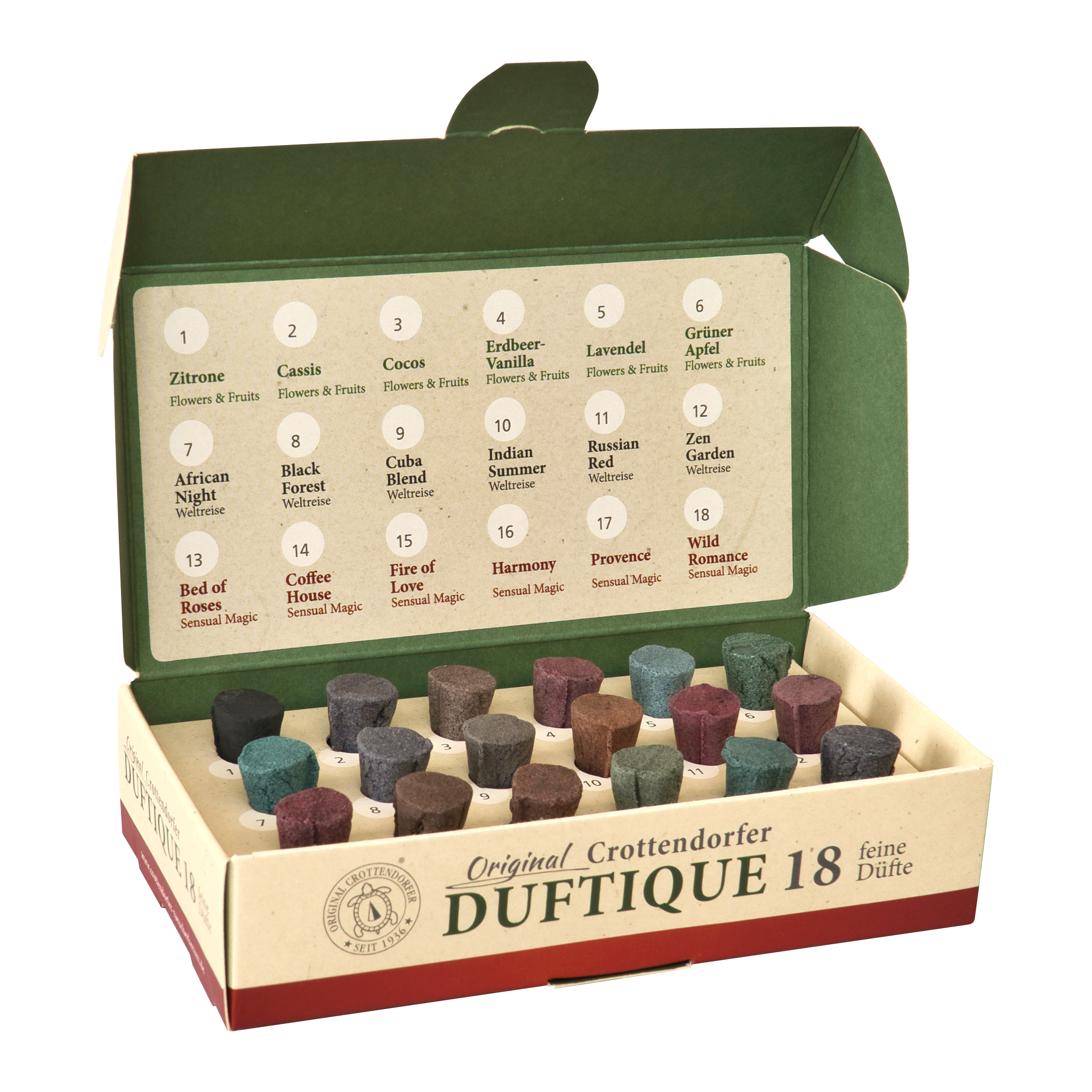 Eine geöffnete Schachtel mit der Aufschrift „Duftique 18 feine Düfte – Blumen & Früchte, Weltreise & Sinnliche Magie“ von Original Crottendorfer Räucherkerzen präsentiert 18 farbenfrohe Duftkegel in Reihen, die jeweils mit einem Duftnamen und einer Nummer auf der Innenseite des Deckels versehen sind und eine Weltreise durch blumige, fruchtige und holzige Düfte für eine exquisite Duftauswahl bieten.