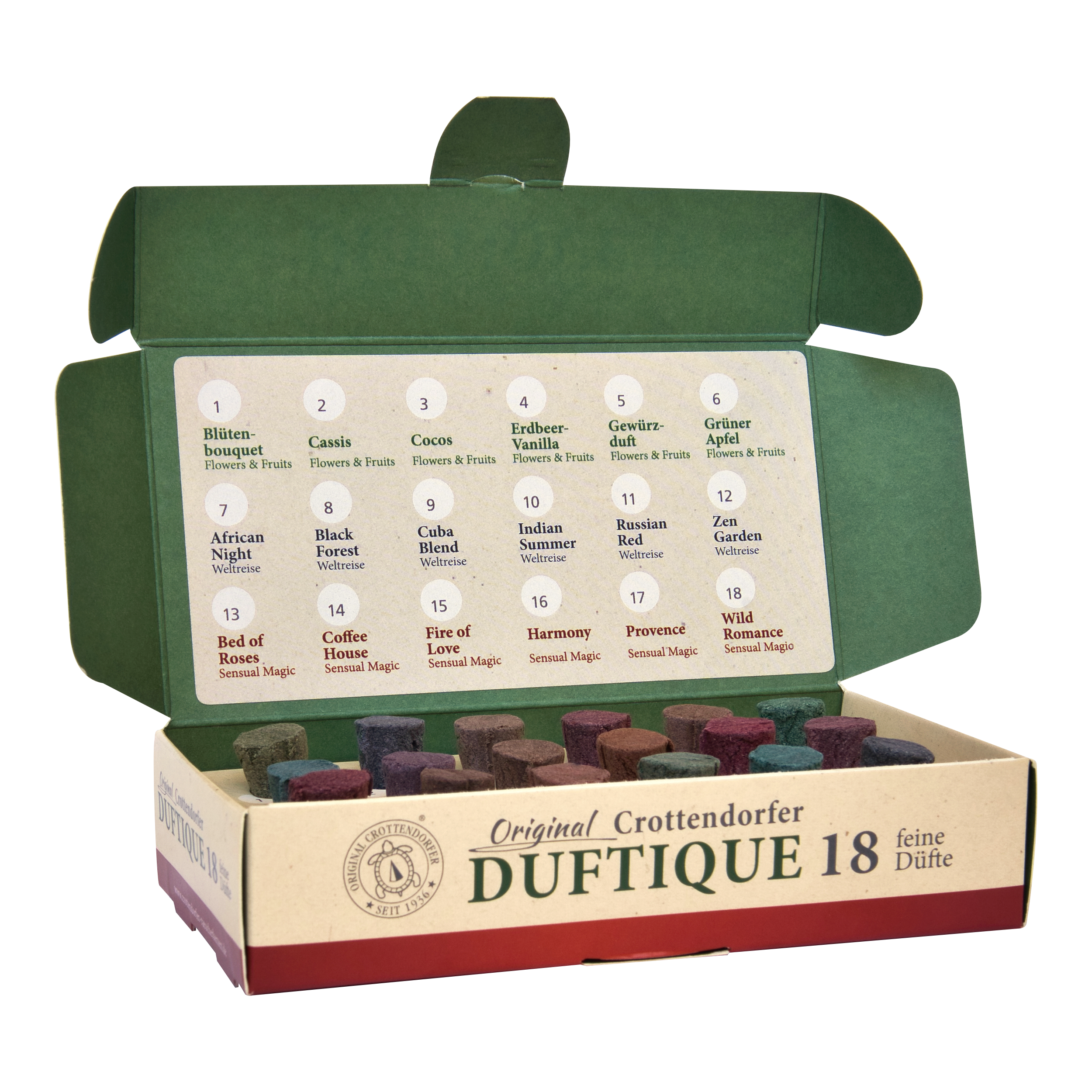 Öffnet man die Schachtel von Original Crottendorfer Räucherkerzen Duftique 18 feine Düfte - Flowers & Fruits, Weltreise & Sensual Magic, so findet man in der überwiegend grün, rot und beige gehaltenen Verpackung eine bunte Duftauswahl und Beschriftungsanleitung.
