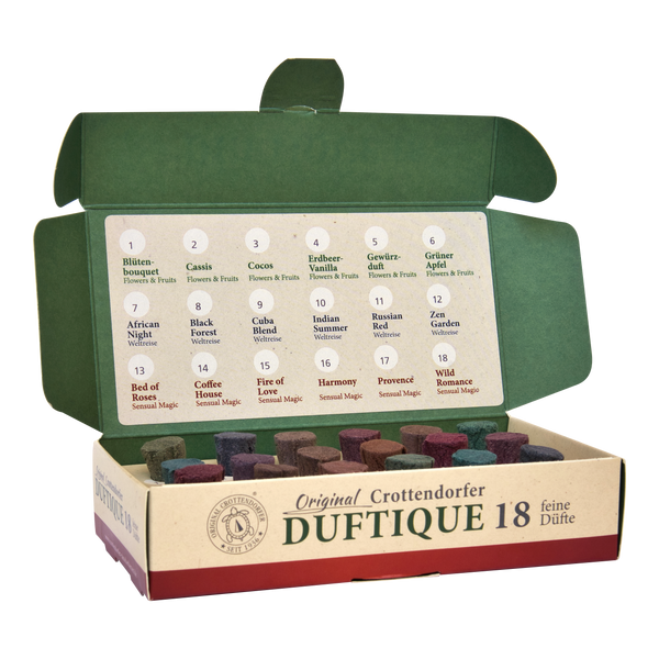 Öffnet man die Schachtel von Original Crottendorfer Räucherkerzen Duftique 18 feine Düfte - Flowers & Fruits, Weltreise & Sensual Magic, so findet man in der überwiegend grün, rot und beige gehaltenen Verpackung eine bunte Duftauswahl und Beschriftungsanleitung.